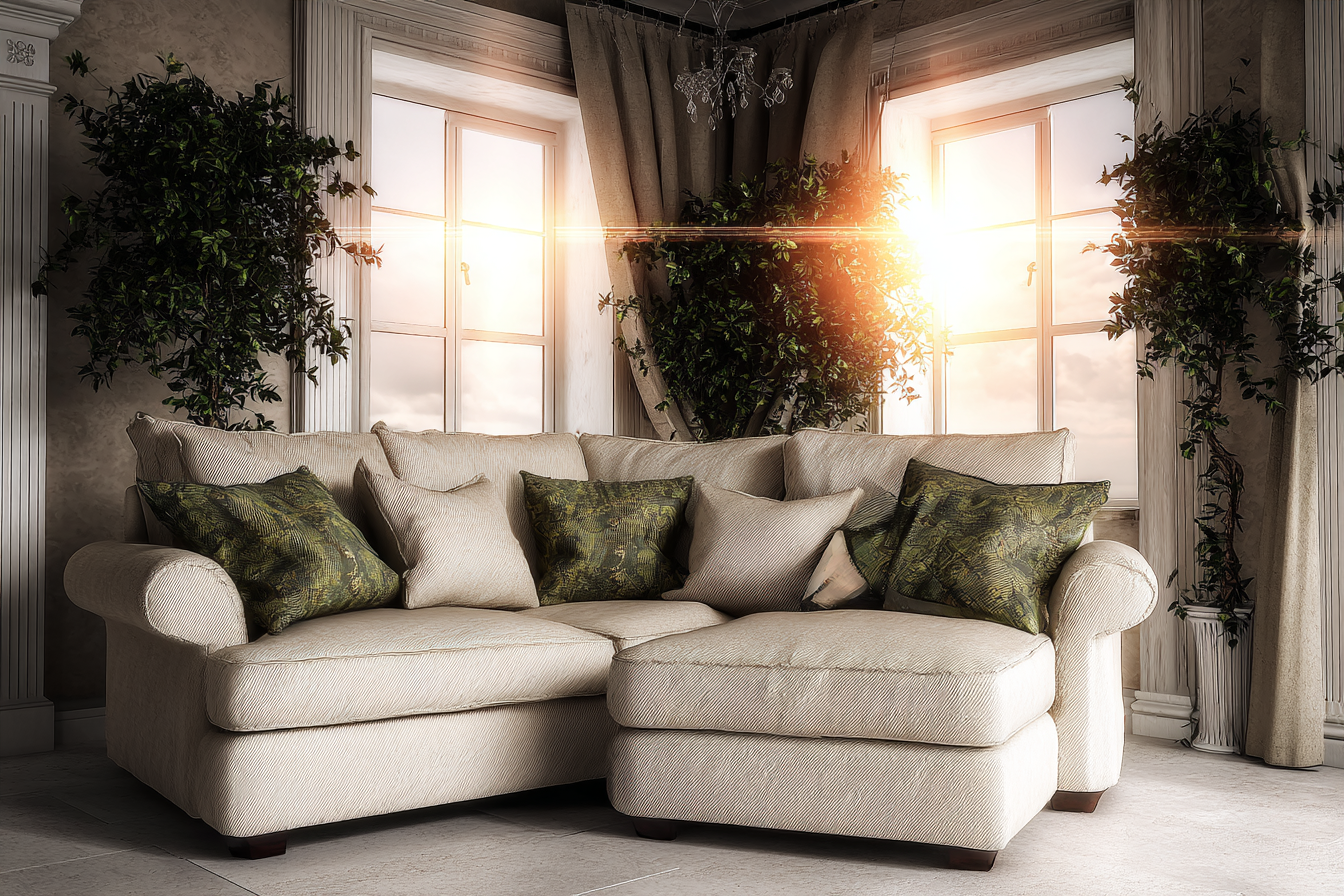 Sala de estar iluminada pelo sol poente com um sofá de canto bege, almofadas verdes e plantas decorativas. As janelas altas deixam a luz dourada entrar, criando um ambiente acolhedor e sereno. O espaço elegante é acentuado por cortinas e uma composição simétrica de folhagens, tudo visto de um ângulo frontal que destaca a textura do mobiliário.
