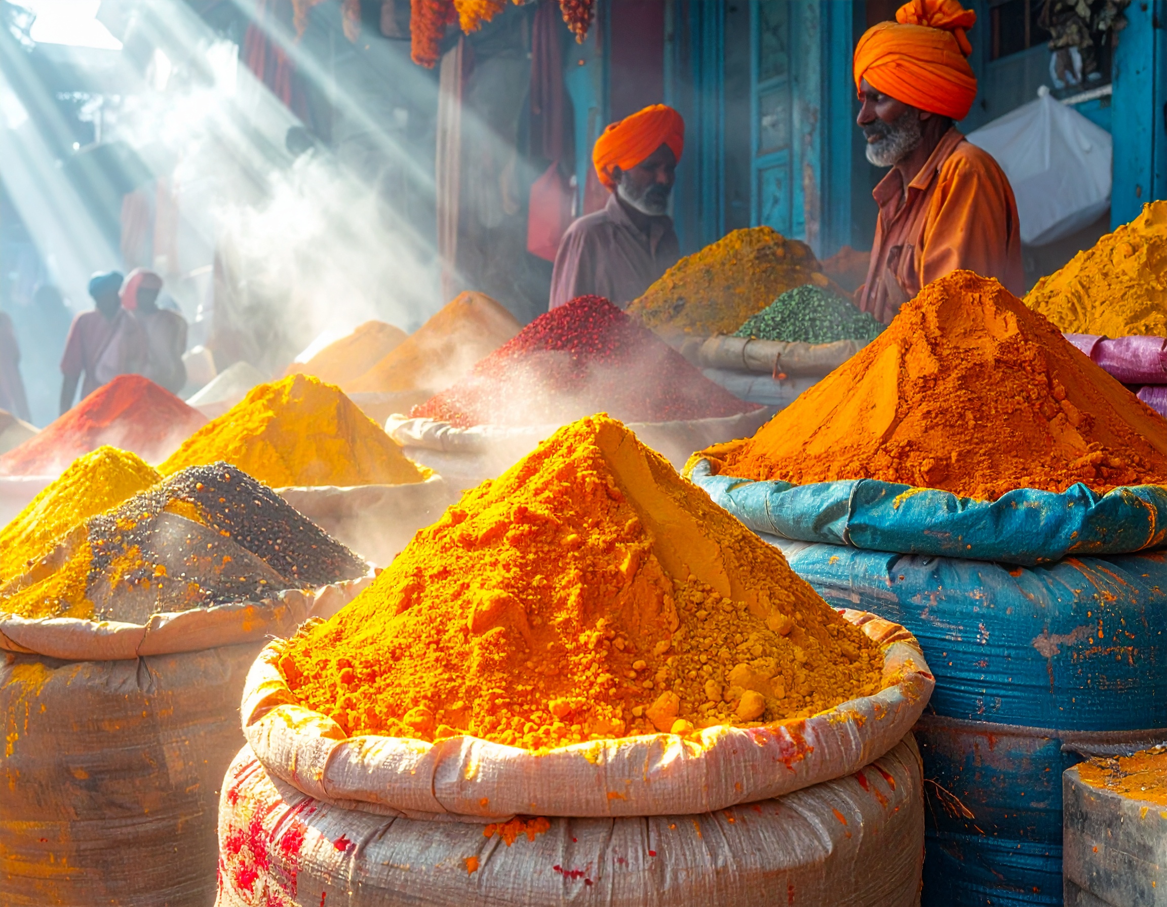 Vibrant spices displayed in an Indian market under sunlight