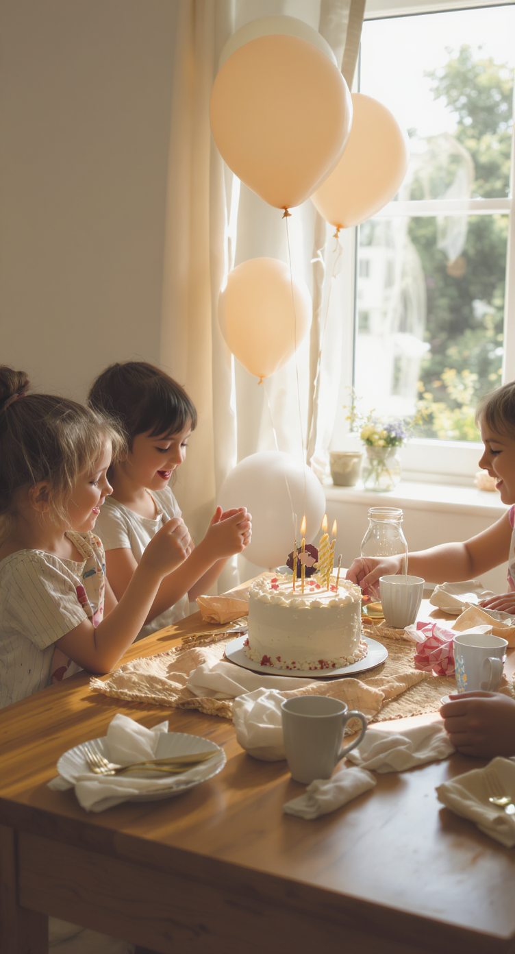 Three young children celebrate with a birthday cake in a sunlit room