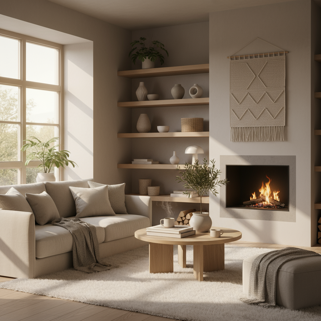 Cozy Minimalist Living Room with Beige Sofa and Fireplace