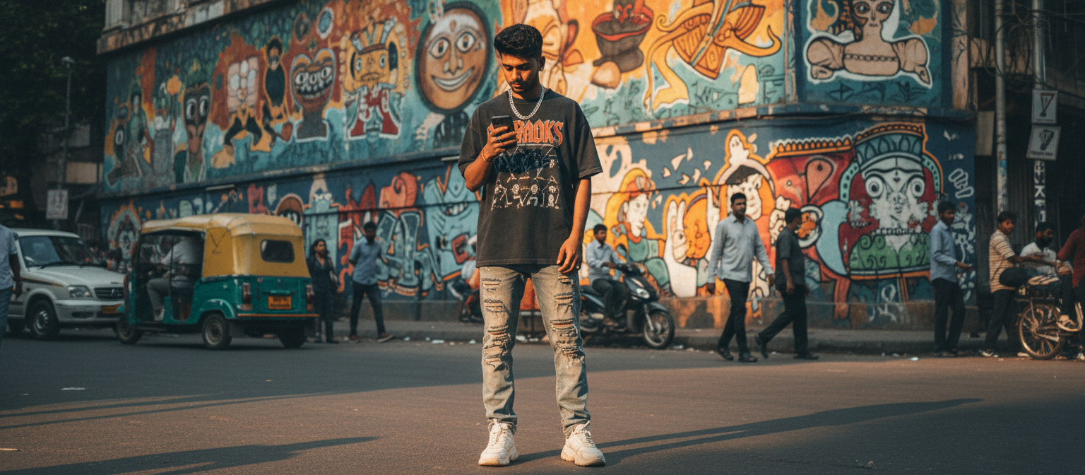 Jovem observa seu smartphone em uma rua movimentada com arte urbana vibrante ao fundo. Ideal para representar moda urban