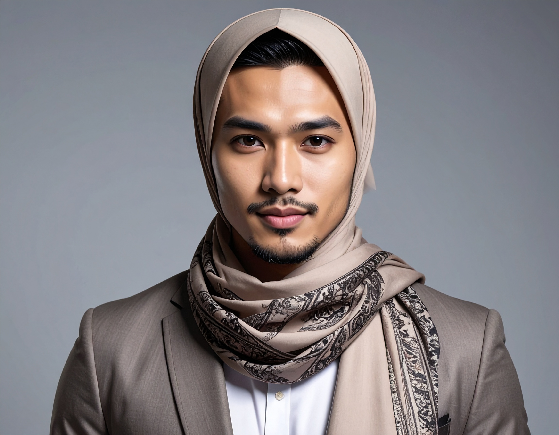 A stylish man wearing a sophisticated taupe scarf wrapped around his head and neck, paired