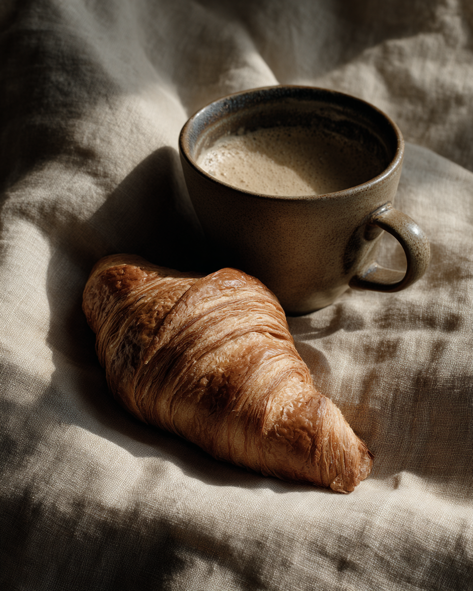 A imagem apresenta um croissant dourado e um copo de café em um fundo de tecido claro e amassado. A luz suave destaca as texturas do croissant e a superfície do café, criando um contraste agradável entre os elementos.