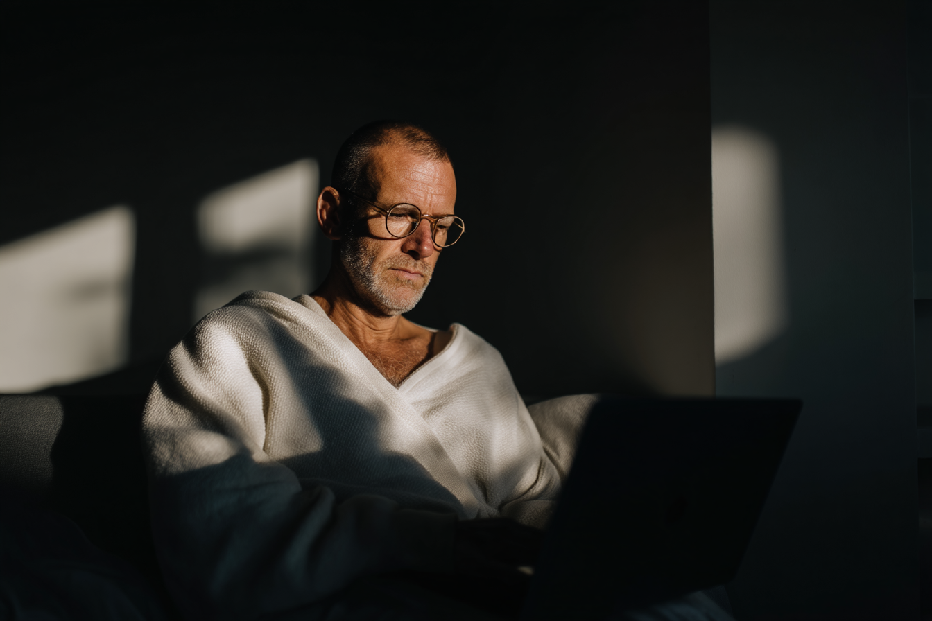 A imagem apresenta um homem sentado, vestido com um roupão claro, concentrado em seu laptop. A iluminação natural cria um contraste dramático, destacando as sombras e os detalhes do ambiente. O fundo é predominantemente escuro, enquanto raios de luz iluminam parcialmente sua face e parte do roupão, criando uma atmosfera íntima e serena.