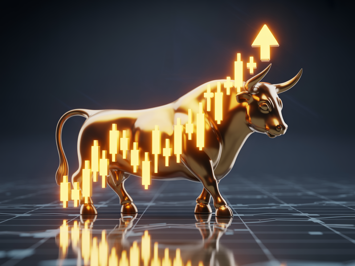 Golden Bull Sculpture Symbolizing Bull Market with Ascending Candlestick Charts