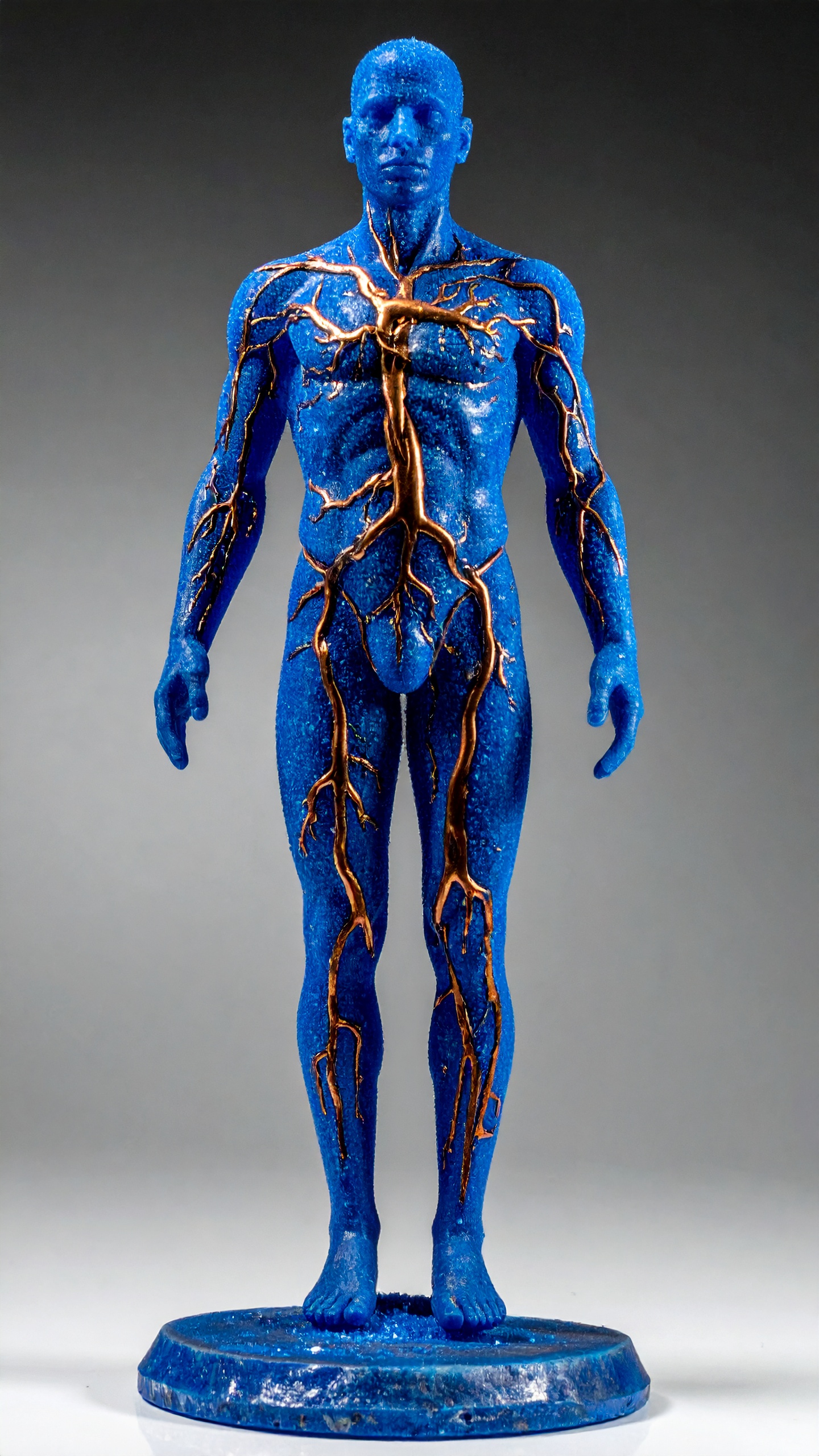 A striking blue sculpture of a human figure stands on a circular base, accented with