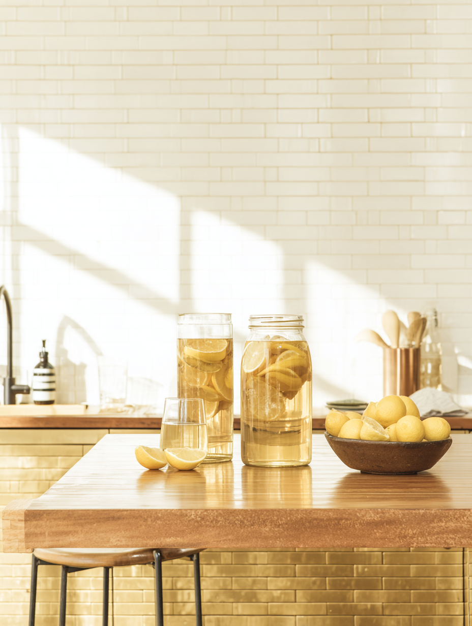 Cozinha iluminada pelo sol, com jarros de vidro cheios de limonada fresca sobre uma bancada de madeira. Ao lado, uma tigela de cerâmica cheia de limões. A parede de azulejos brancos ao fundo reflete a luz natural, criando um ambiente acolhedor e sereno, enquanto a composição equilibrada destaca a simplicidade e harmonia do espaço.
