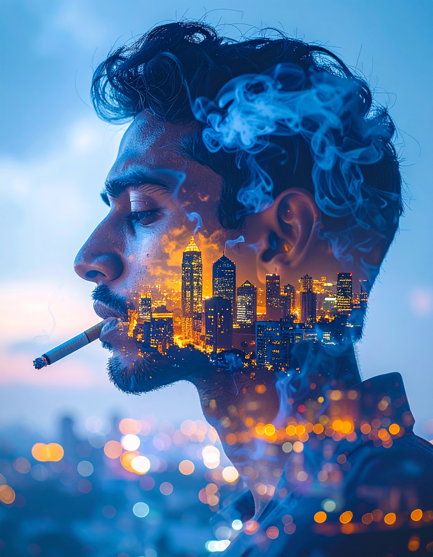 A creative double exposure photograph features a man's profile intertwined with a vibrant cityscape