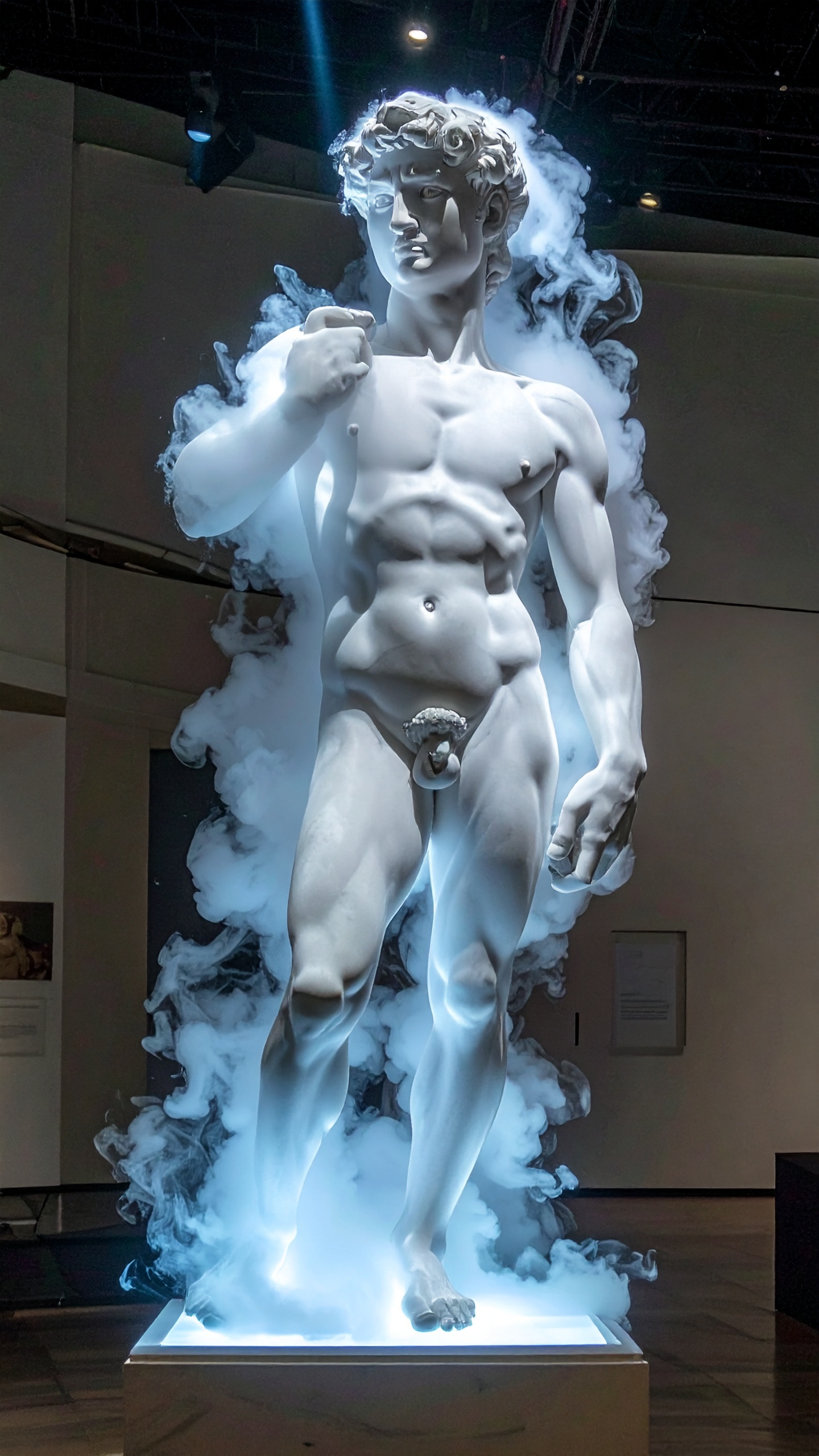 A dramatic display of a white marble statue surrounded by ethereal mist