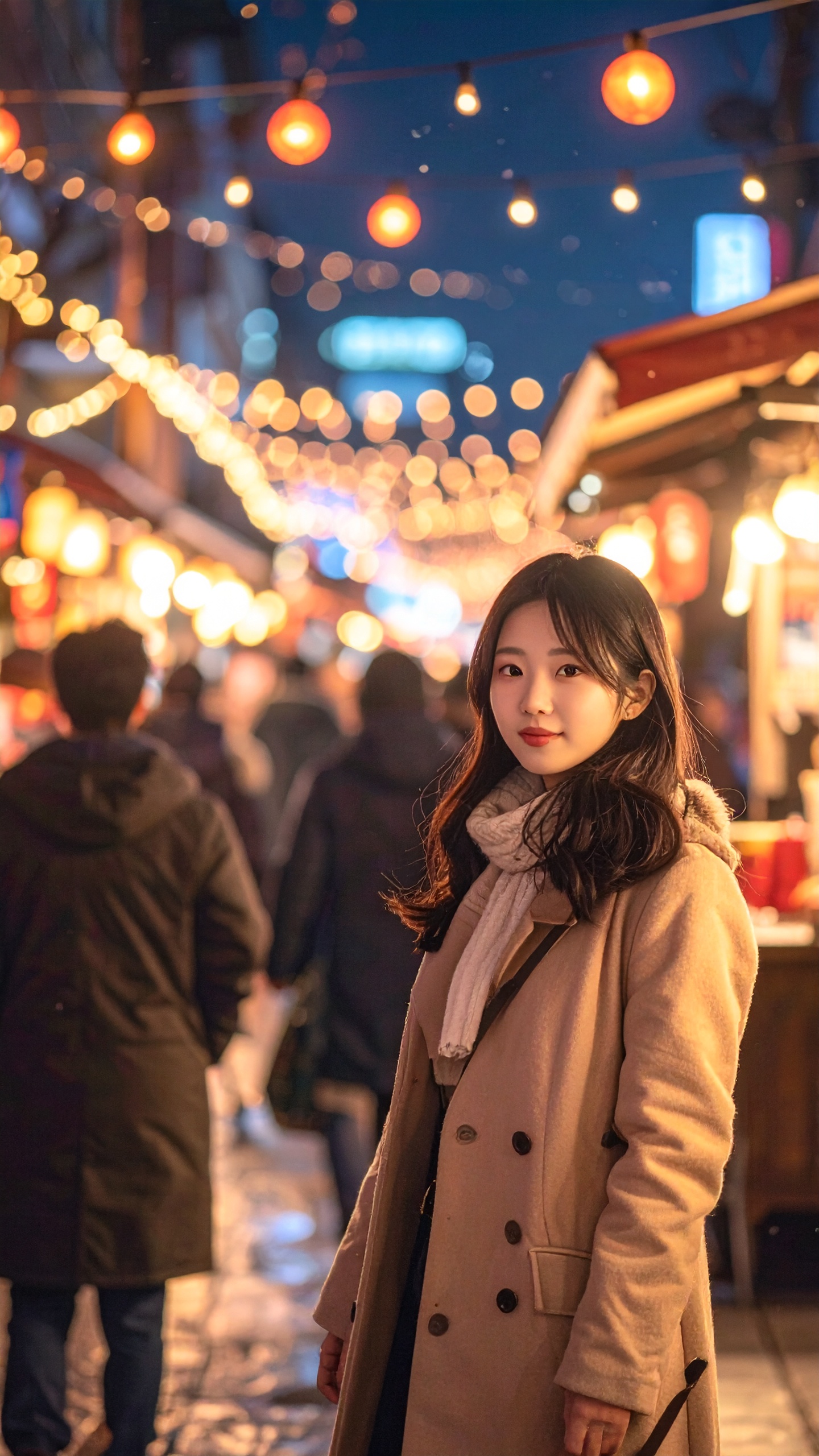 Young Woman in Beige Coat at Vibrant Asian Night Market