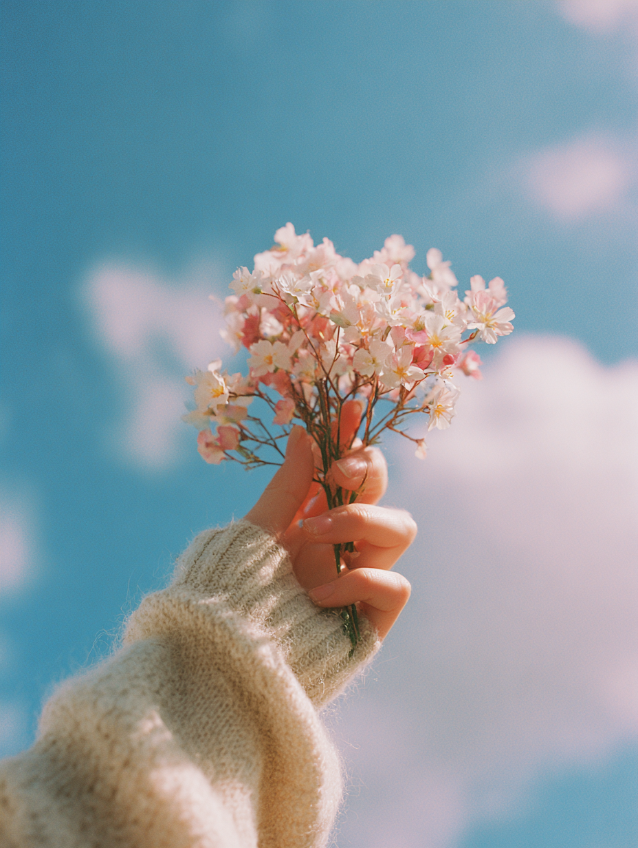 A imagem apresenta uma mão segurando um buquê de flores delicadas contra um fundo de céu azul claro. As flores têm tons suaves de rosa e branco, enquanto a mão é visivelmente humana, com um suéter de lã clara e texturizada. O céu é parcialmente nublado, com nuvens brancas difusas que adicionam profundidade à cena.