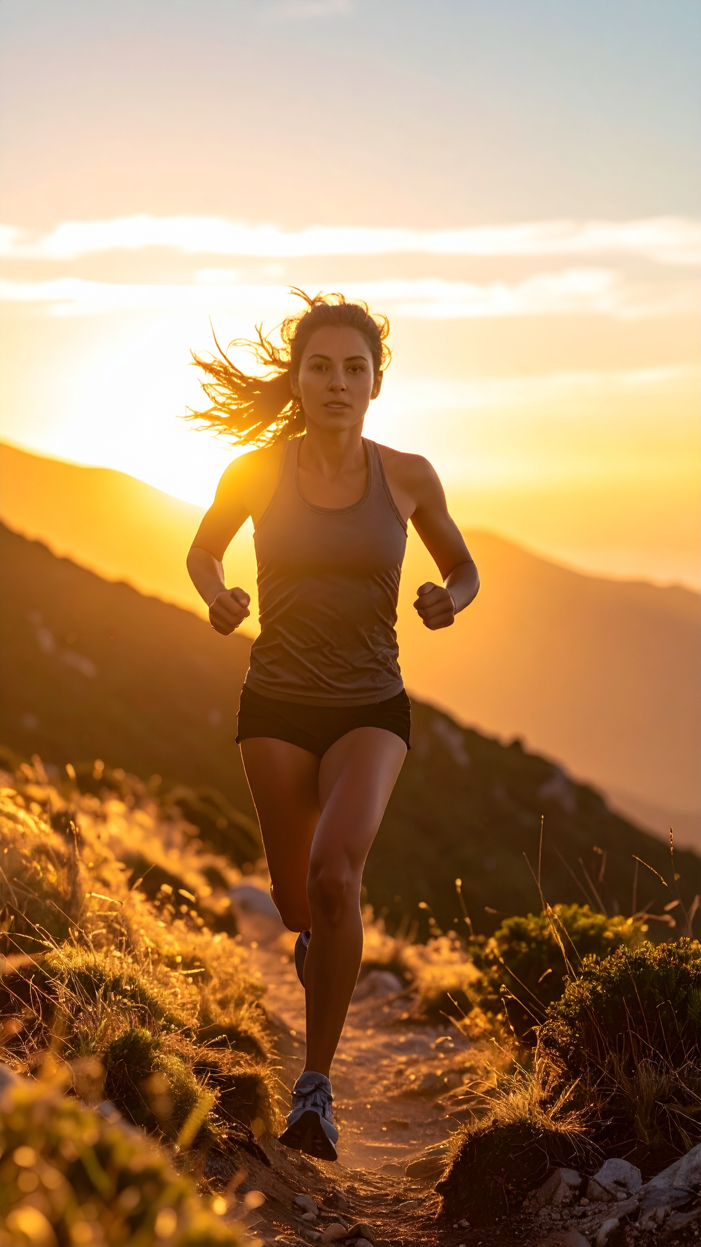 A woman is running along a scenic mountain trail at sunrise