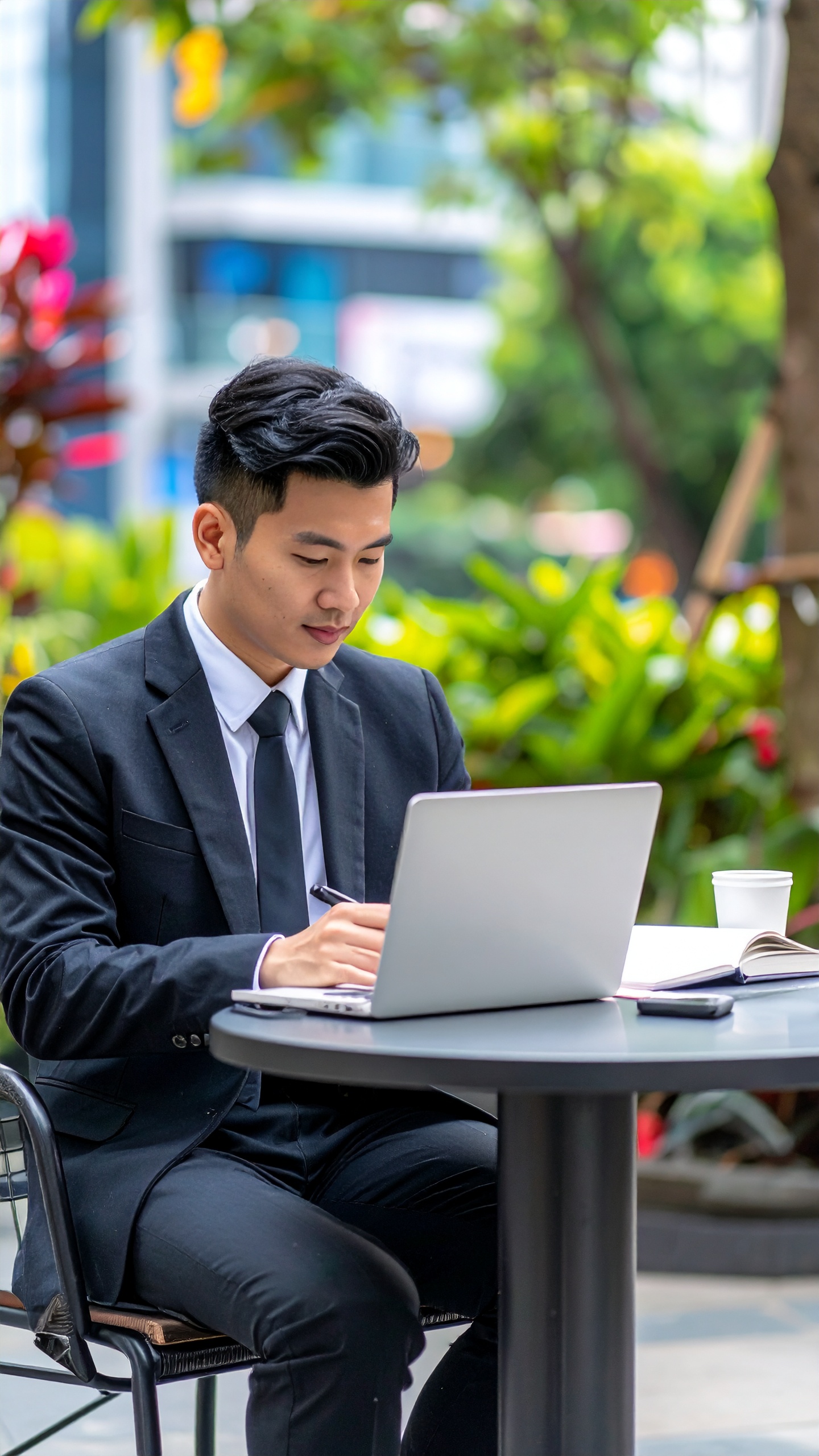 A young professional works on a laptop at an outdoor café