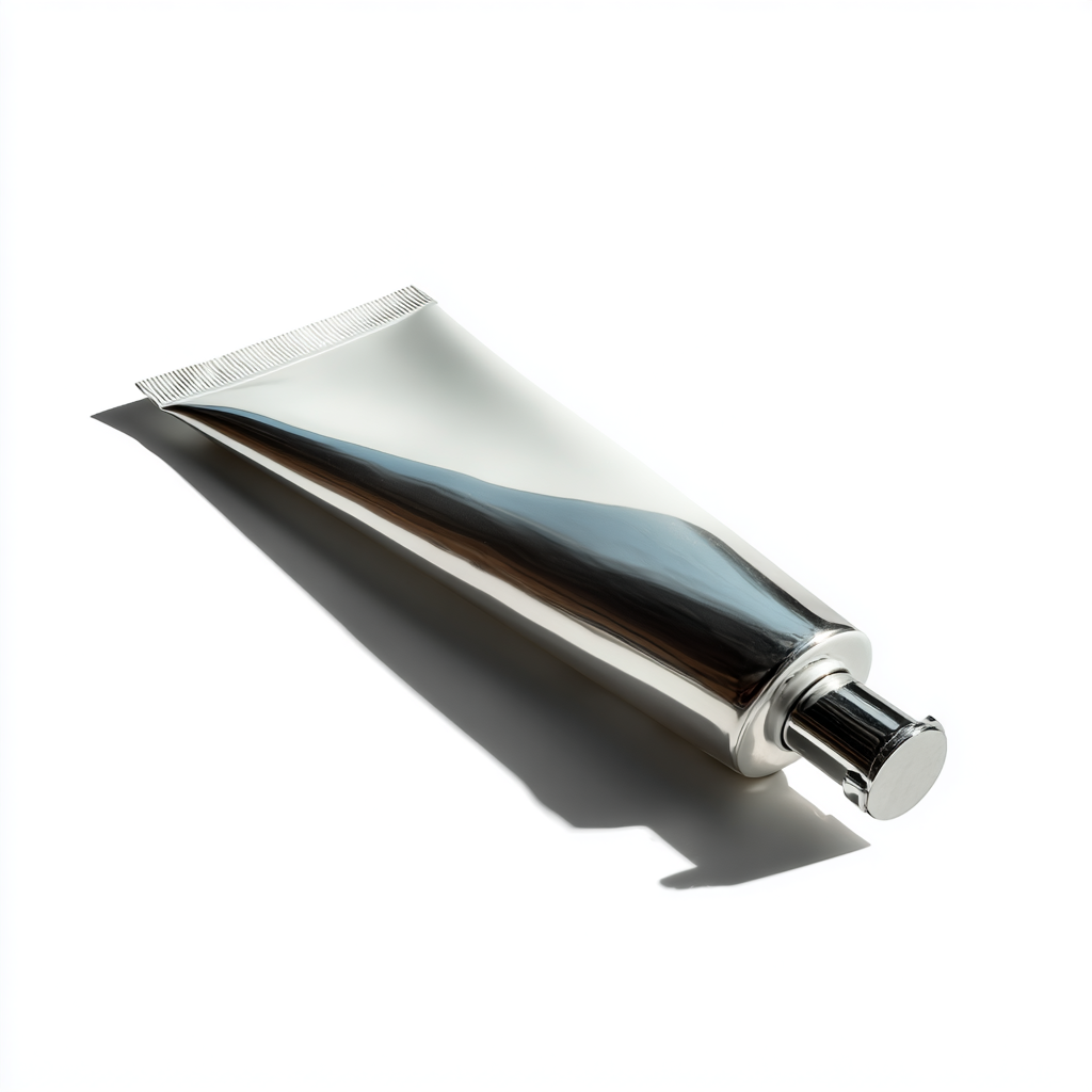 Um tubo metálico prateado de creme é iluminado por luz suave, destacando seu design minimalista e moderno. Ideal para cosméticos e cuidados pessoais.