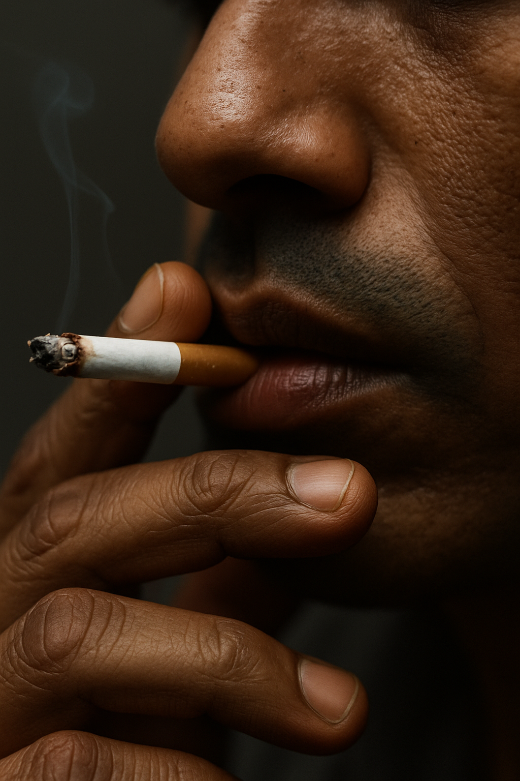 Close-up of a person holding a cigarette between their lips and fingers