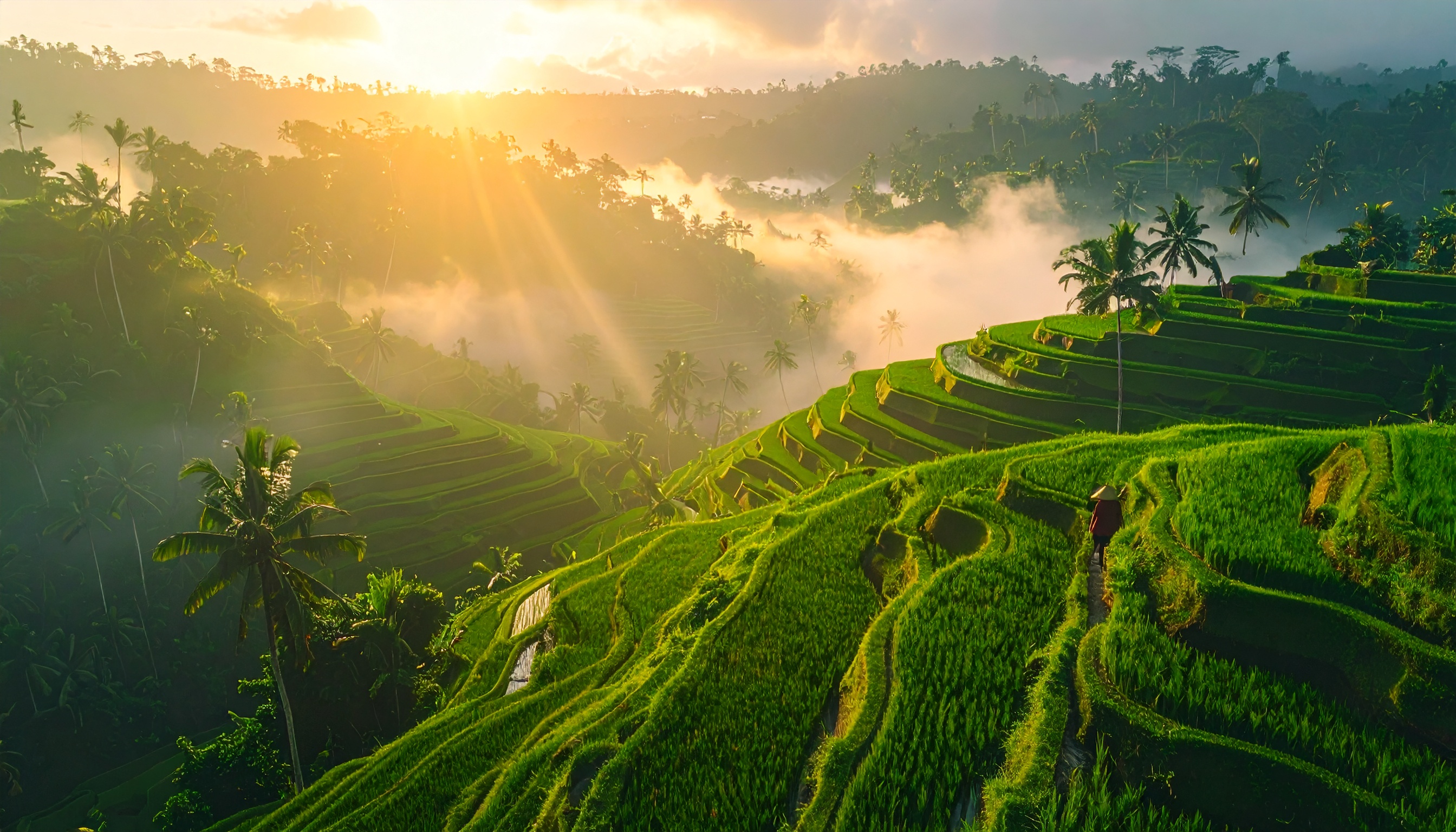 Campos de arroz em terraços iluminados pelo sol nascente criam uma paisagem deslumbrante. Este cenário é ideal para promover turismo ecológico e apreciação da natureza. As camadas verdes ondulantes contrastam com o céu dourado, criando uma estética serena e harmônica. É um lugar perfeito para meditação ou fotografia de paisagens durante o amanhecer. A beleza natural e a tranquilidade deste local são impressionantes, oferecendo um retiro visual e mental.