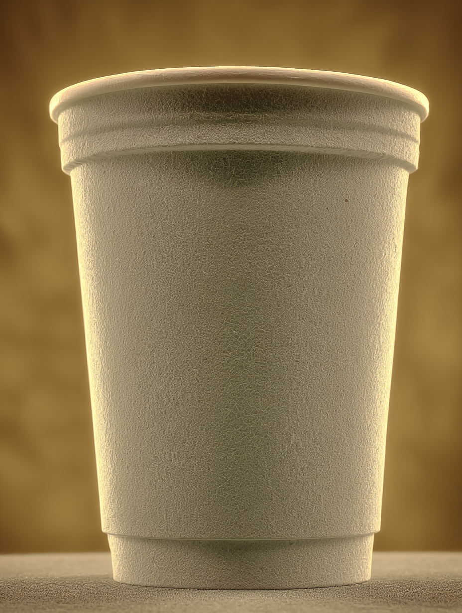 Copo descartável texturizado em primeiro plano, iluminado por uma luz suave que destaca seus detalhes, contra um fundo desfocado em tons de marrom dourado. A composição é minimalista e simétrica, com foco nítido no objeto central, criando uma atmosfera de simplicidade e funcionalidade.