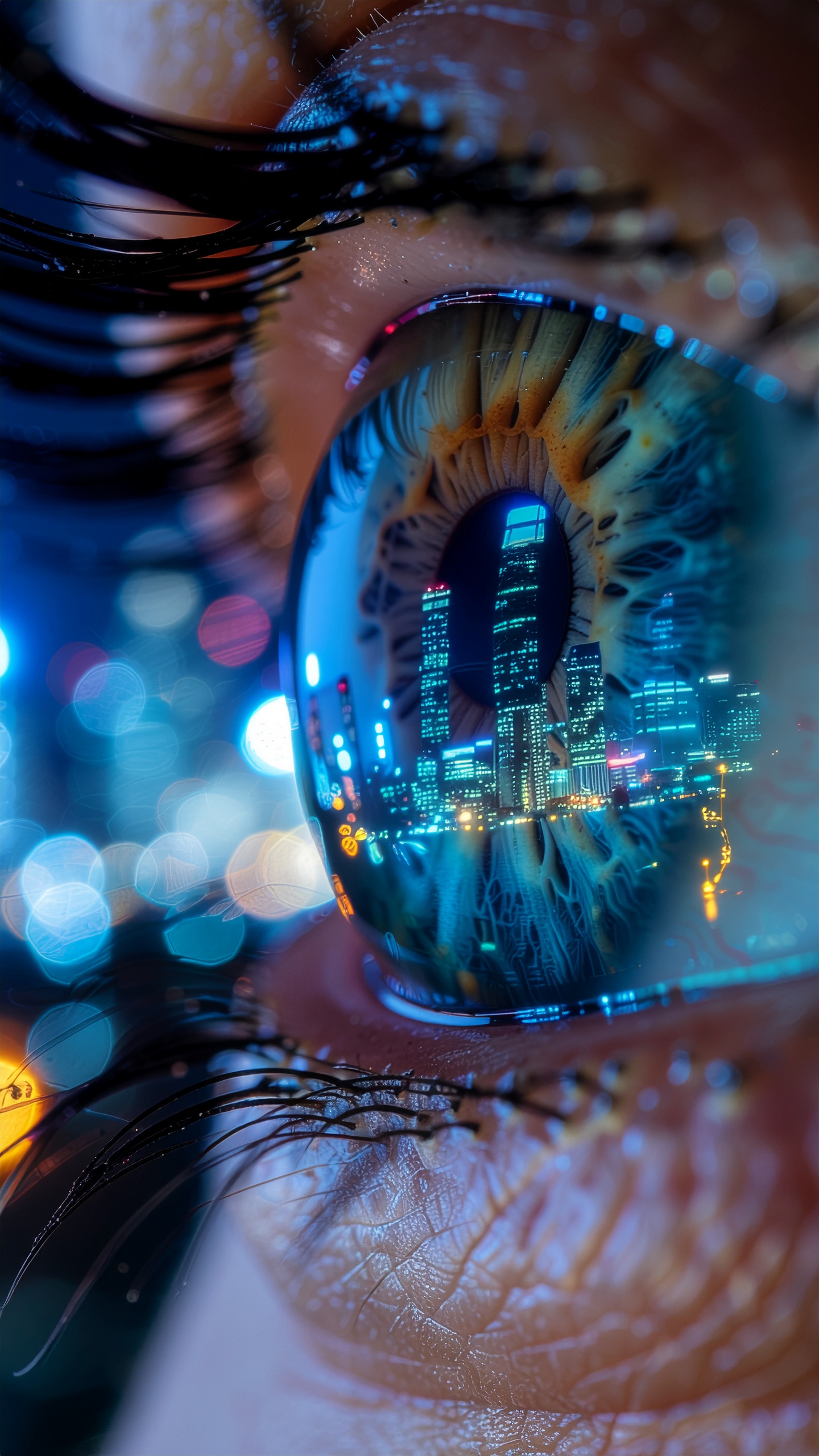 Close-up de um olho com reflexo de uma paisagem urbana noturna nas pupilas, destacando arranha-céus iluminados. Composição macro revela detalhes intrincados da íris, com iluminação azulada e bokeh no fundo.