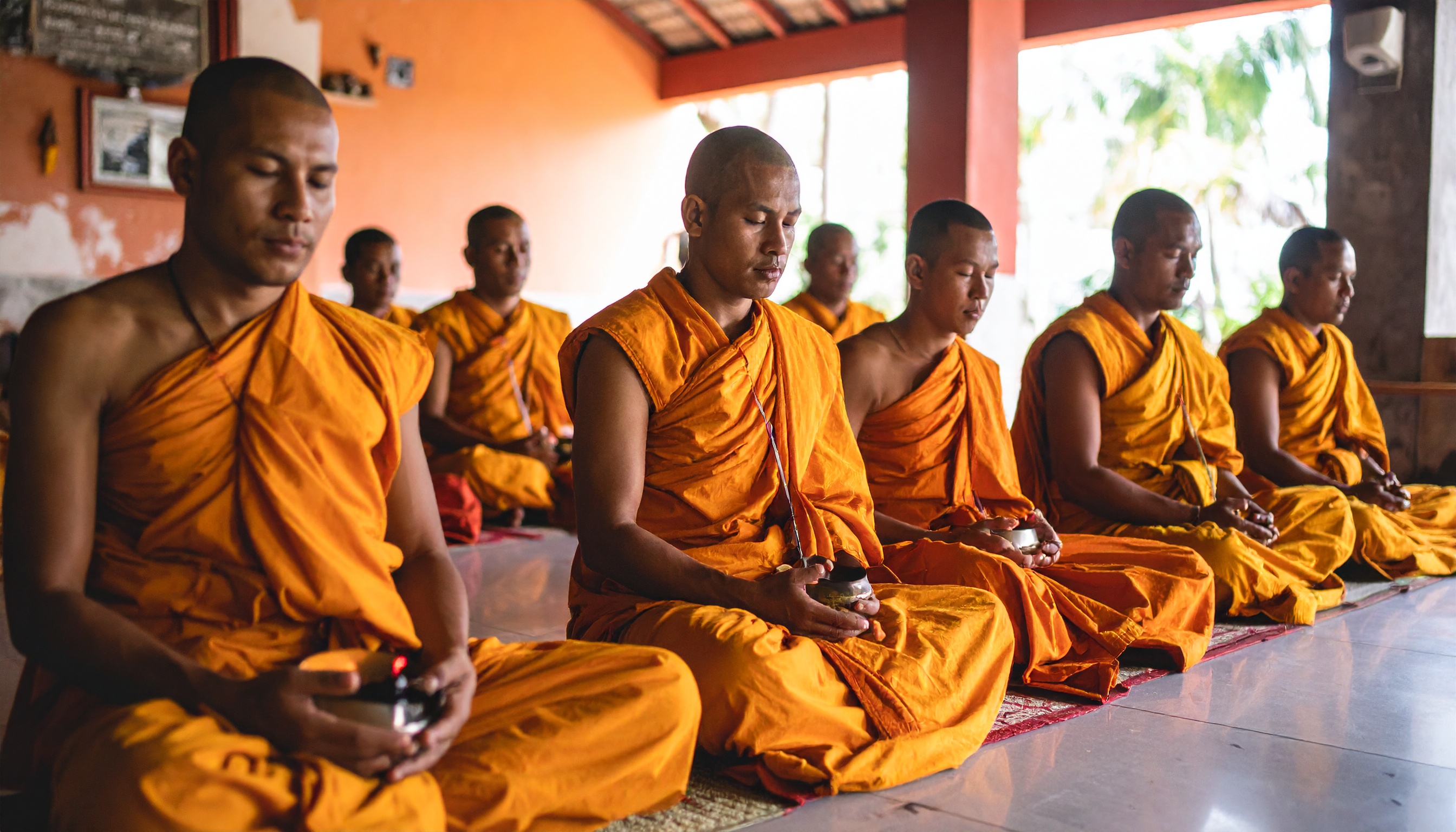 Grupo de monges budistas em meditação coletiva em um templo. A prática espiritual visa alcançar a paz interior e a concentração. Os monges vestem trajes tradicionais alaranjados, sentados em uma sala serena com iluminação suave. Ideal para ser incorporada em materiais sobre espiritualidade e mindfulness. A imagem destaca a importância da prática meditativa na cultura budista.