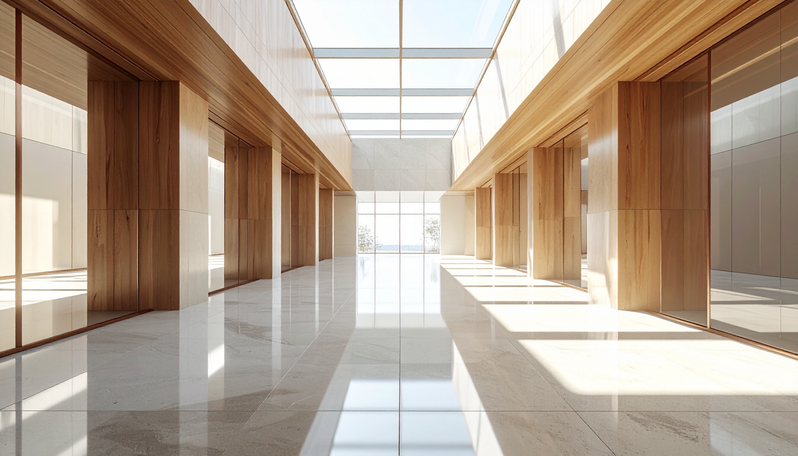 Corredor moderno com design minimalista e iluminação natural. Ideal para espaços comerciais que buscam transmitir sofisticação e clareza. O ambiente destaca-se pelo uso elegante de madeira e mármore, criando um efeito visual limpo e organizado. Perfeito para escritórios, galerias de arte ou lobbies de hotéis de luxo. A combinação de materiais de qualidade e iluminação aprimora a experiência do usuário.