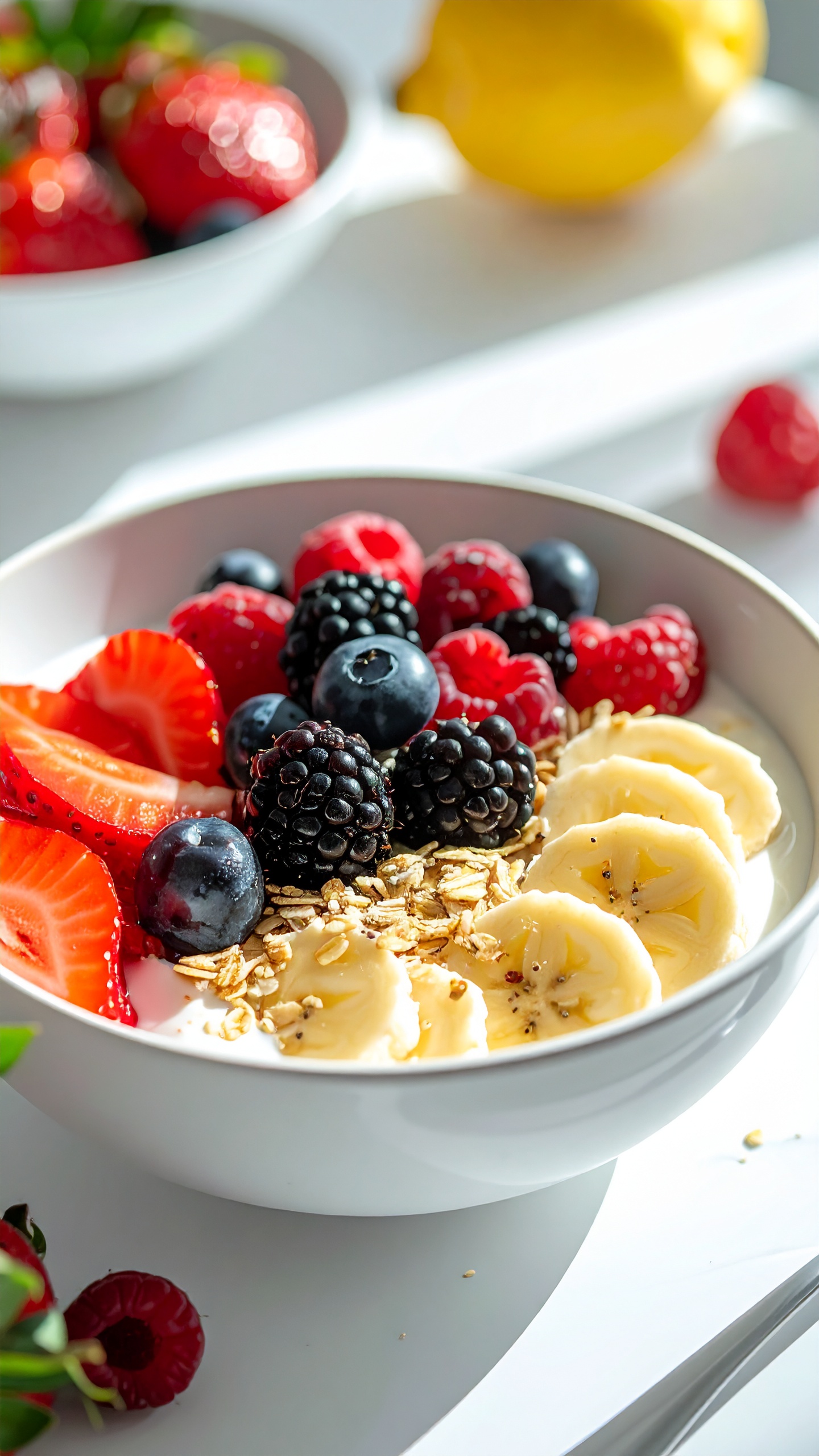 Tigela de iogurte com frutas frescas, incluindo morangos, amoras, framboesas e bananas, sob luz natural suave. A composição é vibrante com cores contrastantes, destacando a textura das frutas e cereais crocantes sobre a superfície cremosa do iogurte.