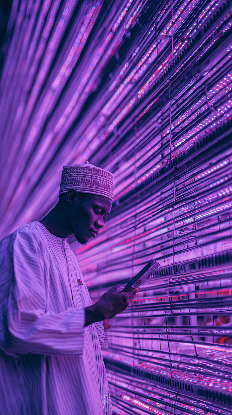 Um homem em trajes tradicionais observa um dispositivo móvel enquanto está cercado por luzes LED coloridas em um ambiente moderno. O fundo destaca linhas de luz em tons de roxo, criando uma atmosfera vibrante e tecnológica.