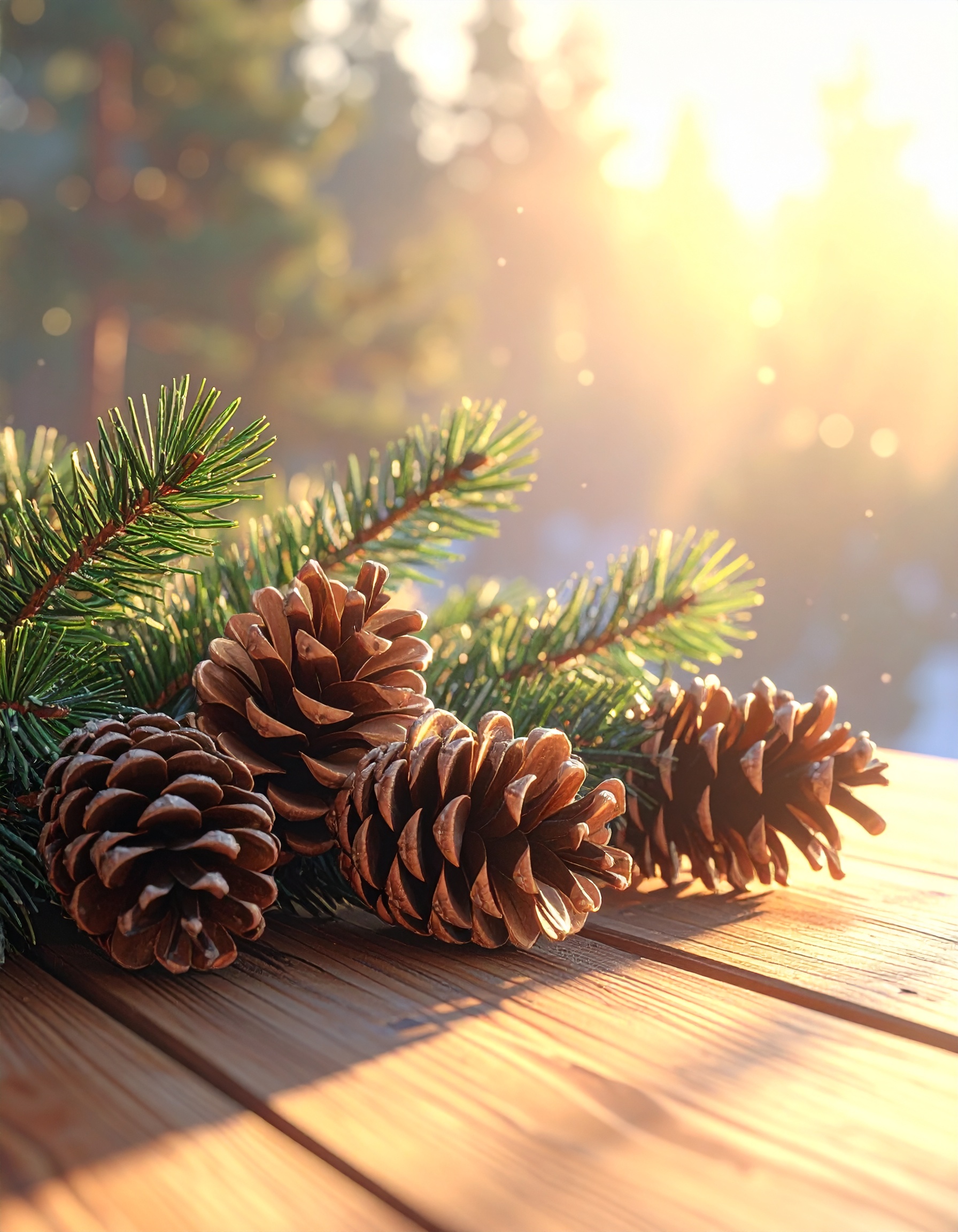 Pine Cones on Wooden Table with Soft Sunlight