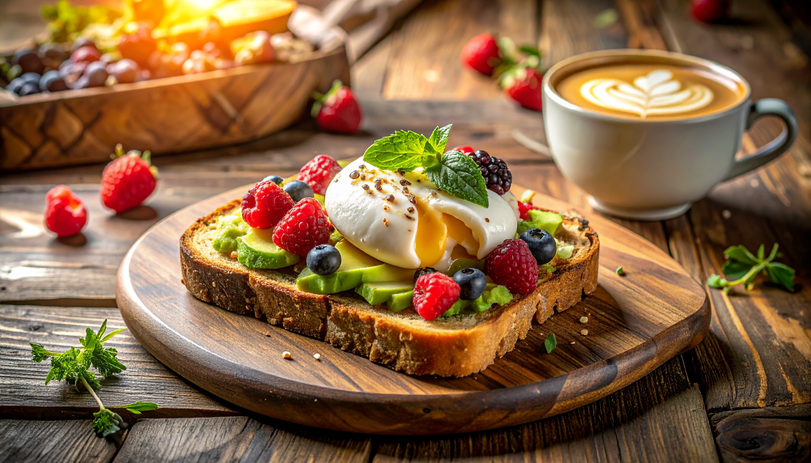 A vibrant breakfast scene features avocado toast topped with a poached egg and fresh berries