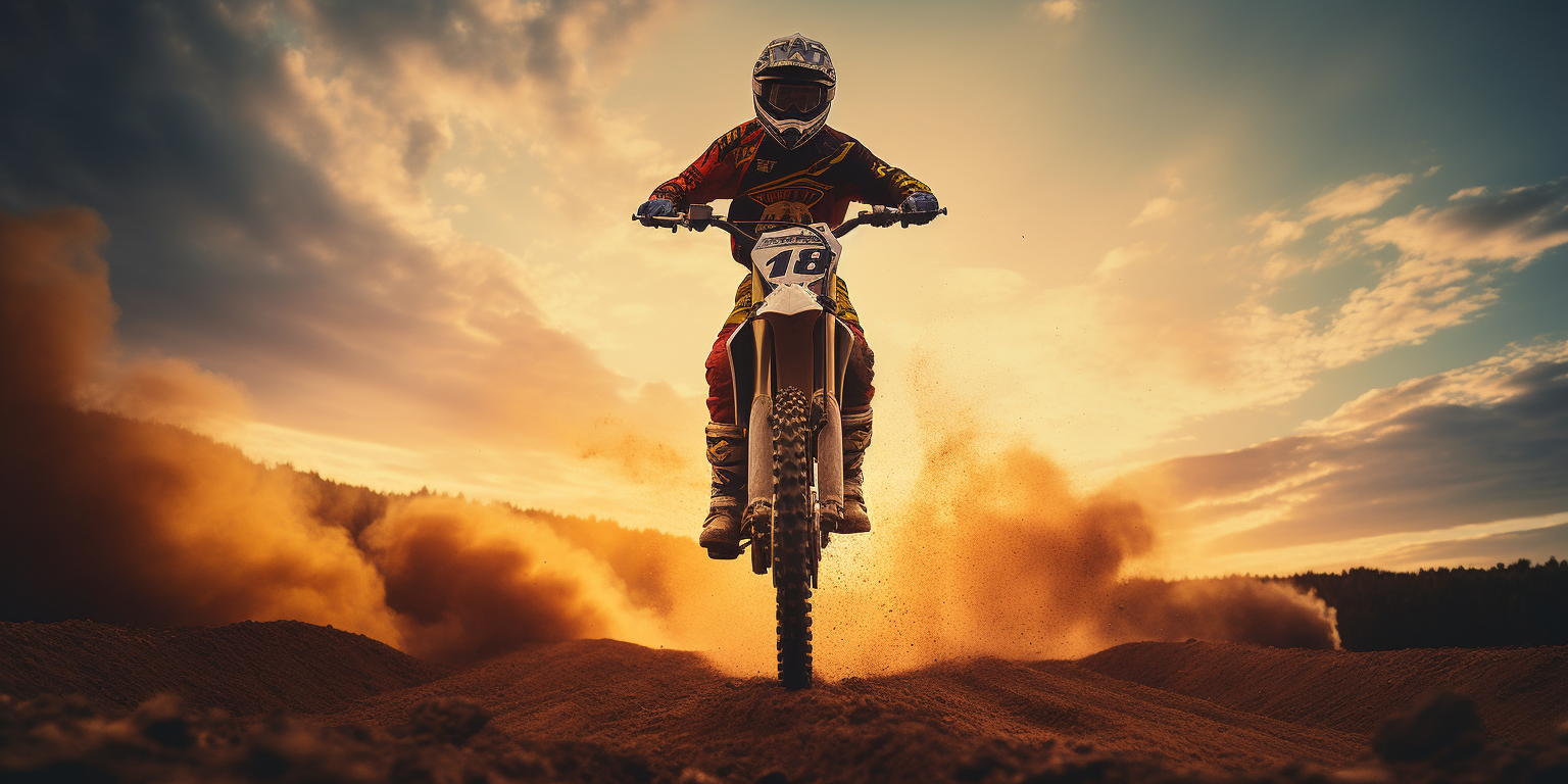 Piloto de motocross realizando um salto em uma pista de areia ao pôr do sol, com nuvens dramáticas e poeira levantando na traseira da moto.