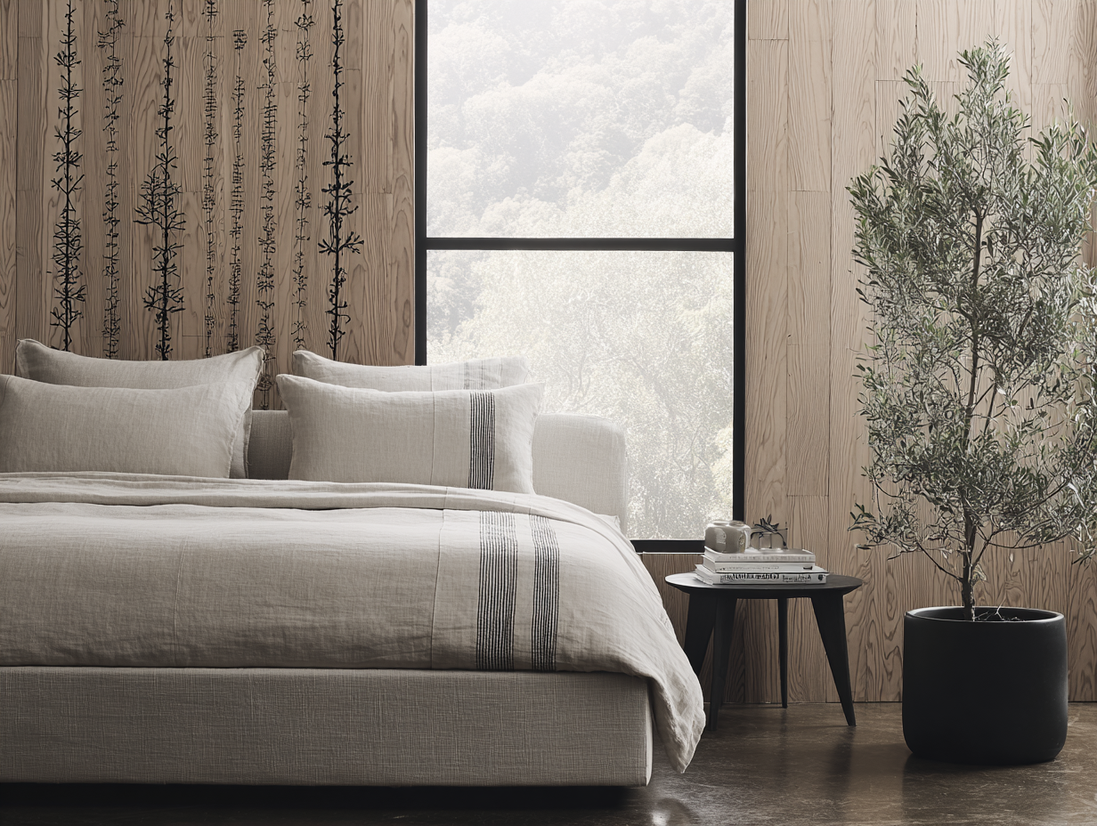 Quarto minimalista com cama de linho bege, mesa lateral moderna e planta em vaso preto. A luz natural entra pela janela grande, destacando a paleta neutra e o design elegante. A parede de madeira com arte botânica adiciona um toque artístico e sereno ao ambiente.