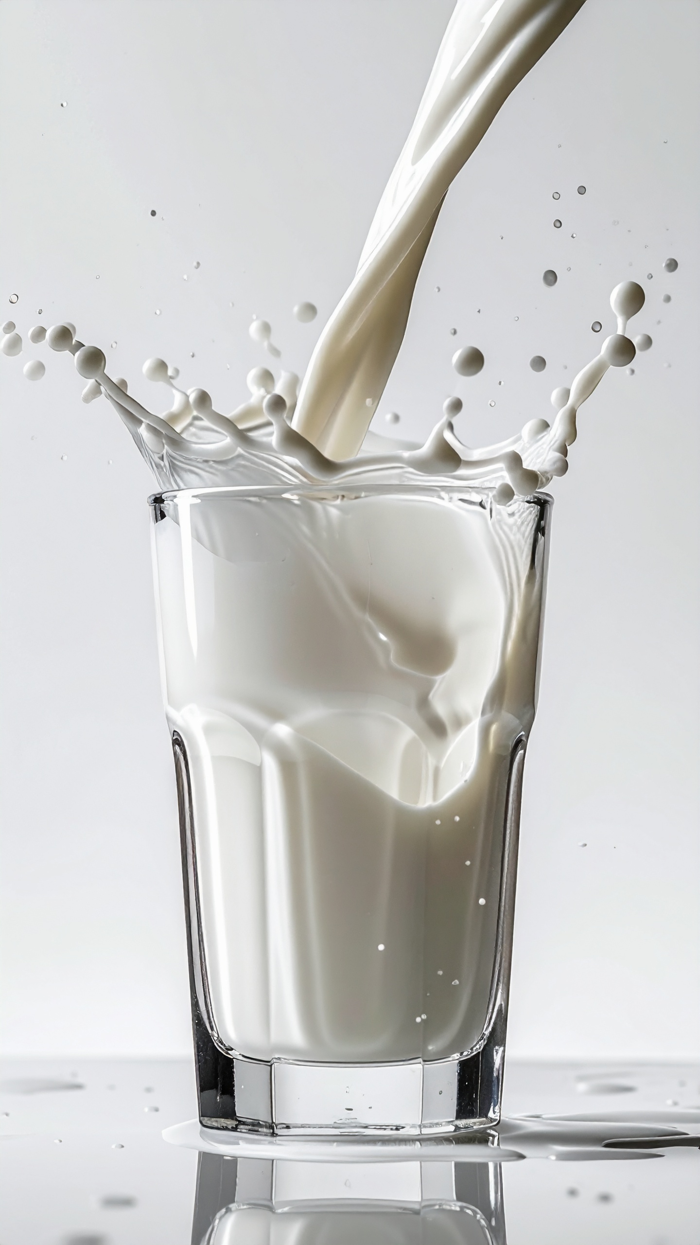 A glass is being filled with creamy milk, creating a splash effect
