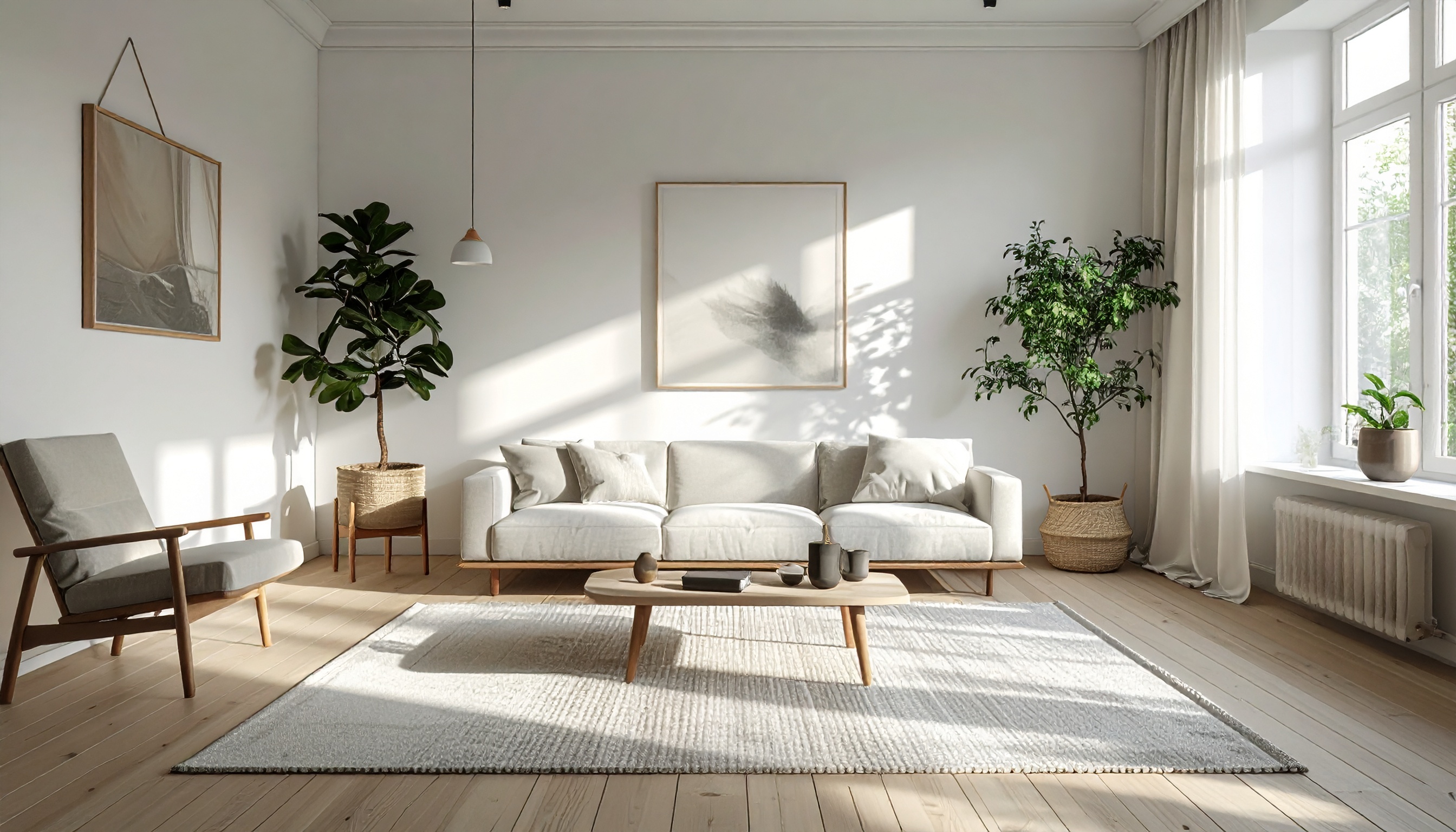 A sunlit living room showcases modern Scandinavian design