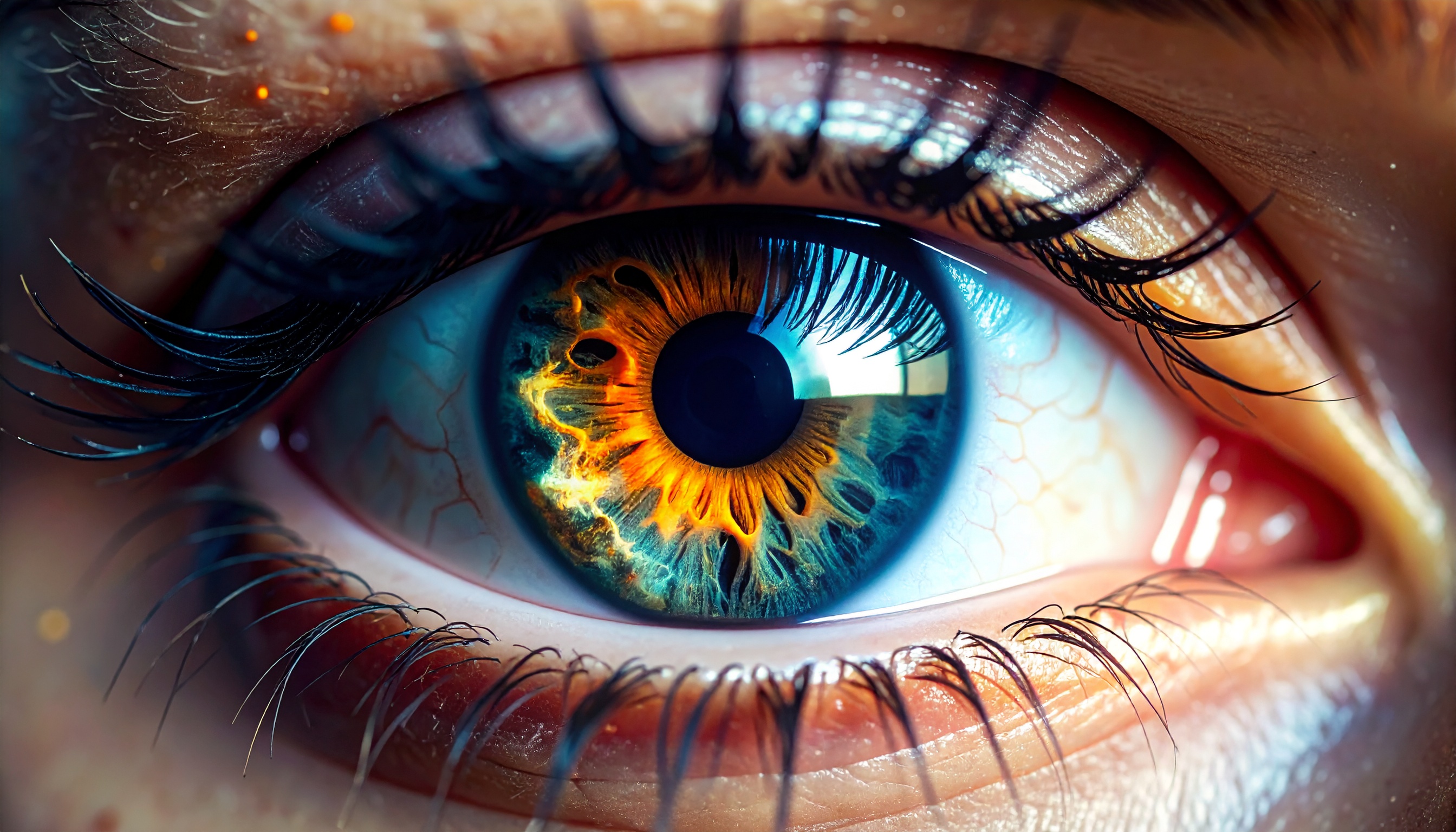 A striking close-up of a human eye showcases vibrant blue and orange hues in the iris