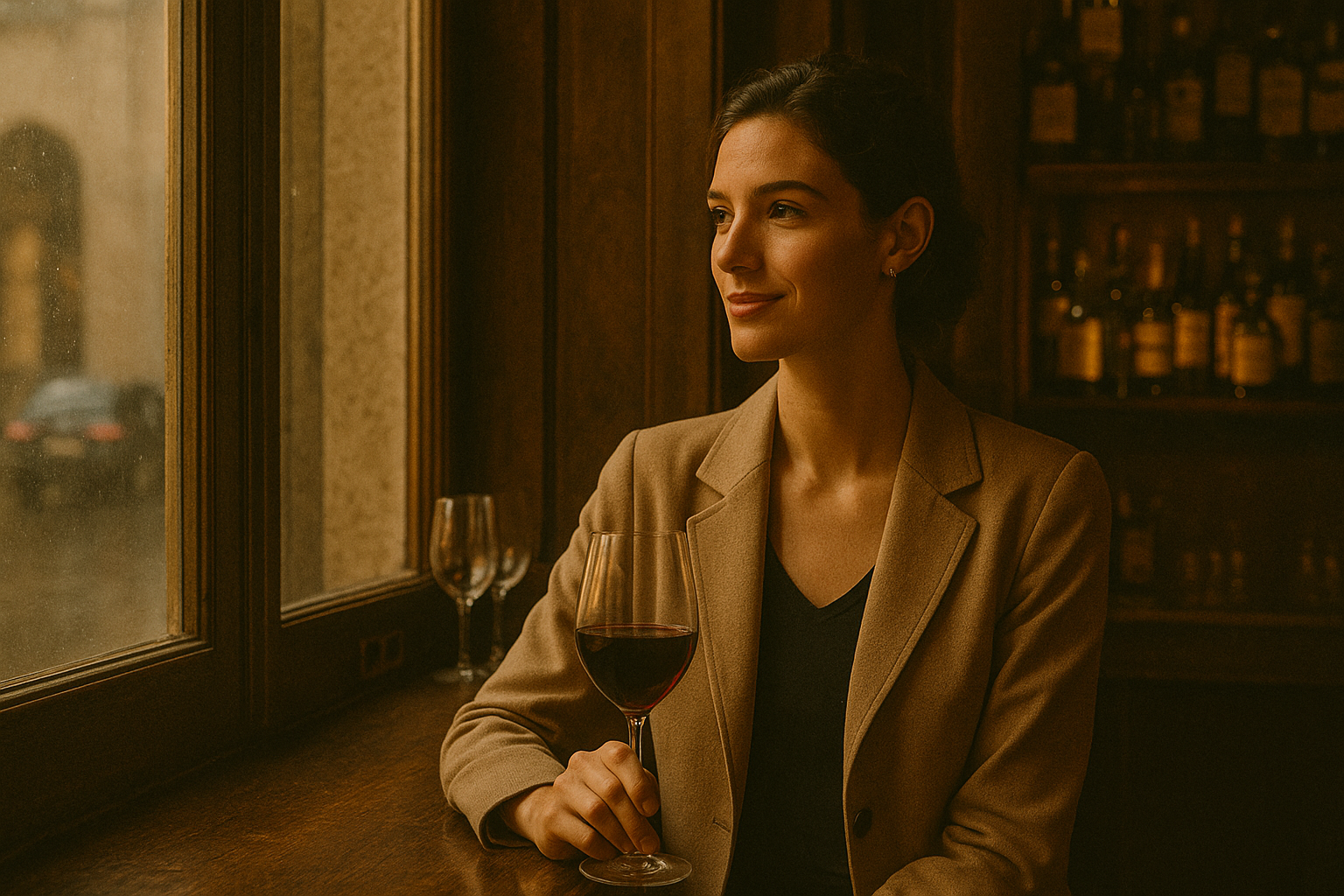 Mulher sentada em um bar elegante, segurando um copo de vinho tinto, olhando pensativa pela janela em um dia chuvoso. O ambiente é acolhedor, com prateleiras de bebidas ao fundo e uma iluminação suave que destaca a expressão serena da mulher.
