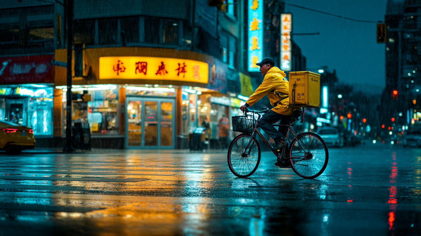 A delivery cyclist in a bright yellow raincoat rides through a rainy city street at night, with vibrant neon signs illuminating the wet pavement. The cyclist carries a yellow delivery box on their bike, showcasing urban life and the hustle of delivery services in inclement weather.