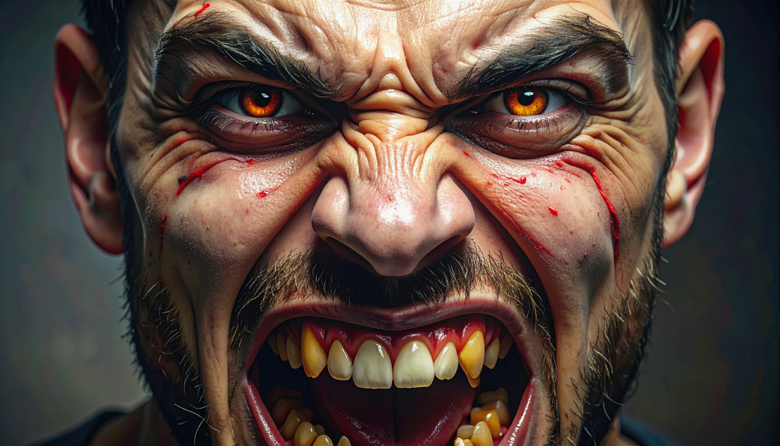 An intense close-up of a man's furious expression, highlighting his fiery eyes and bared teeth