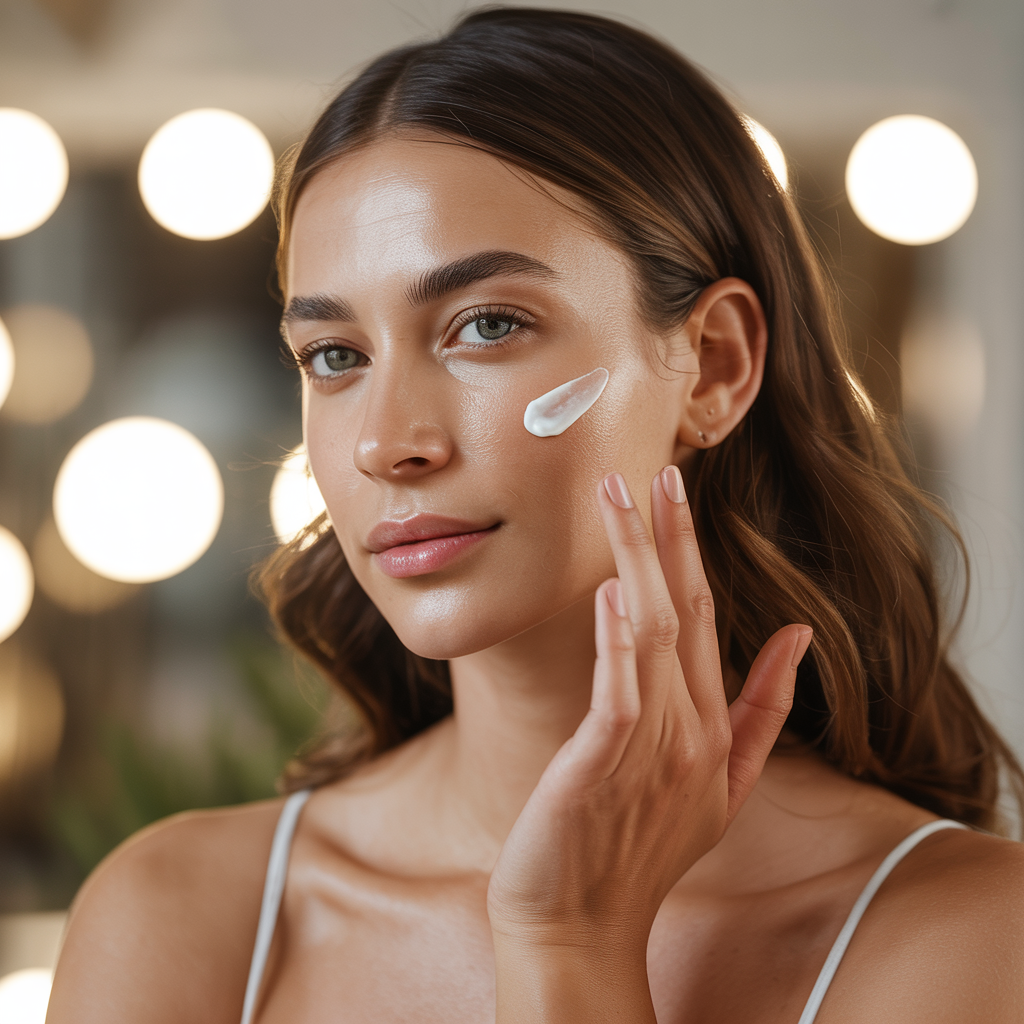 Woman Applying Facial Cream in Modern Bright Setting