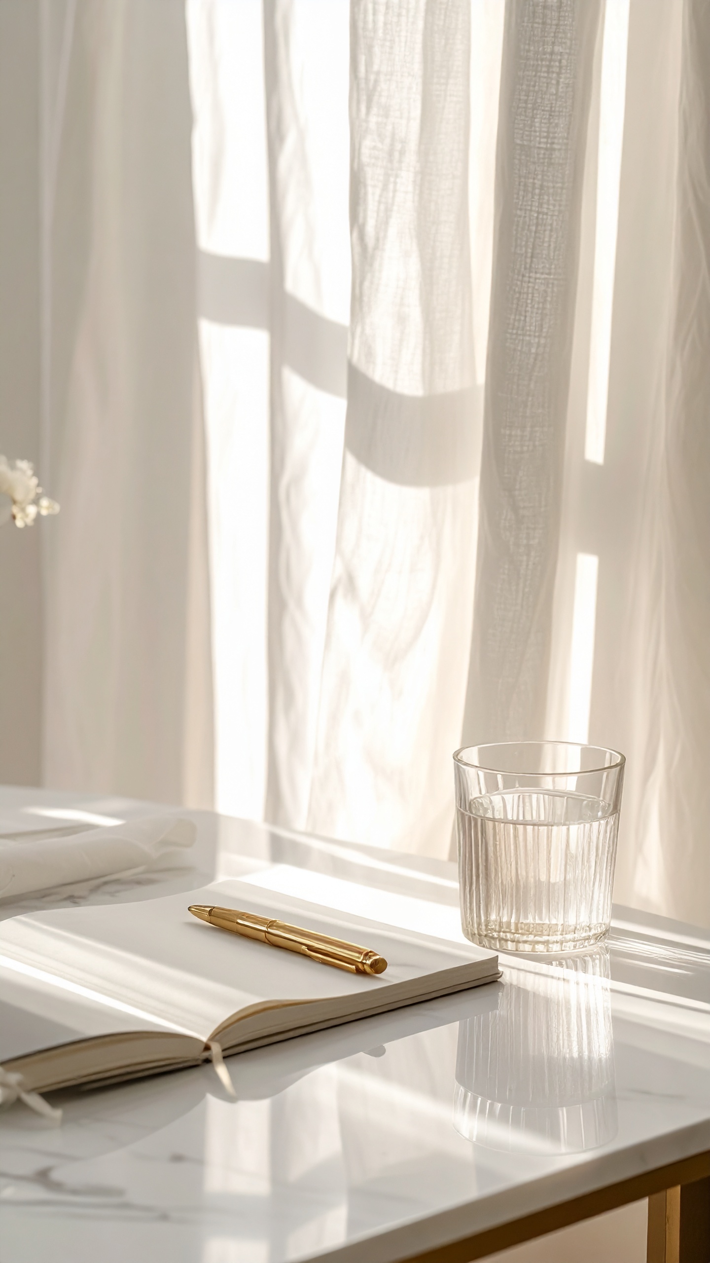 A sunlit workspace features a golden pen and an open notebook on a marble surface