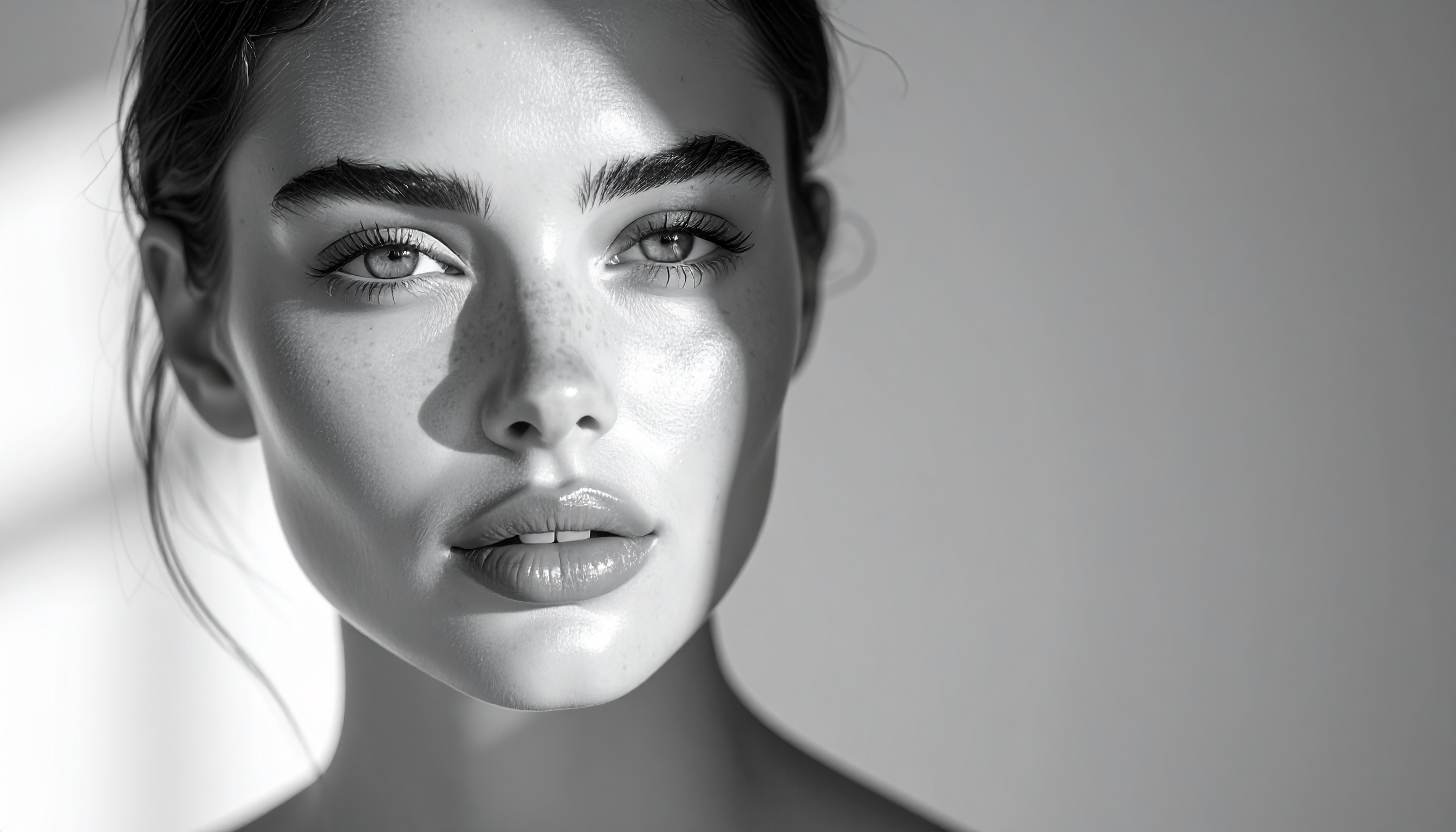 A striking black and white portrait captures a young woman with expressive eyes and natural freckles