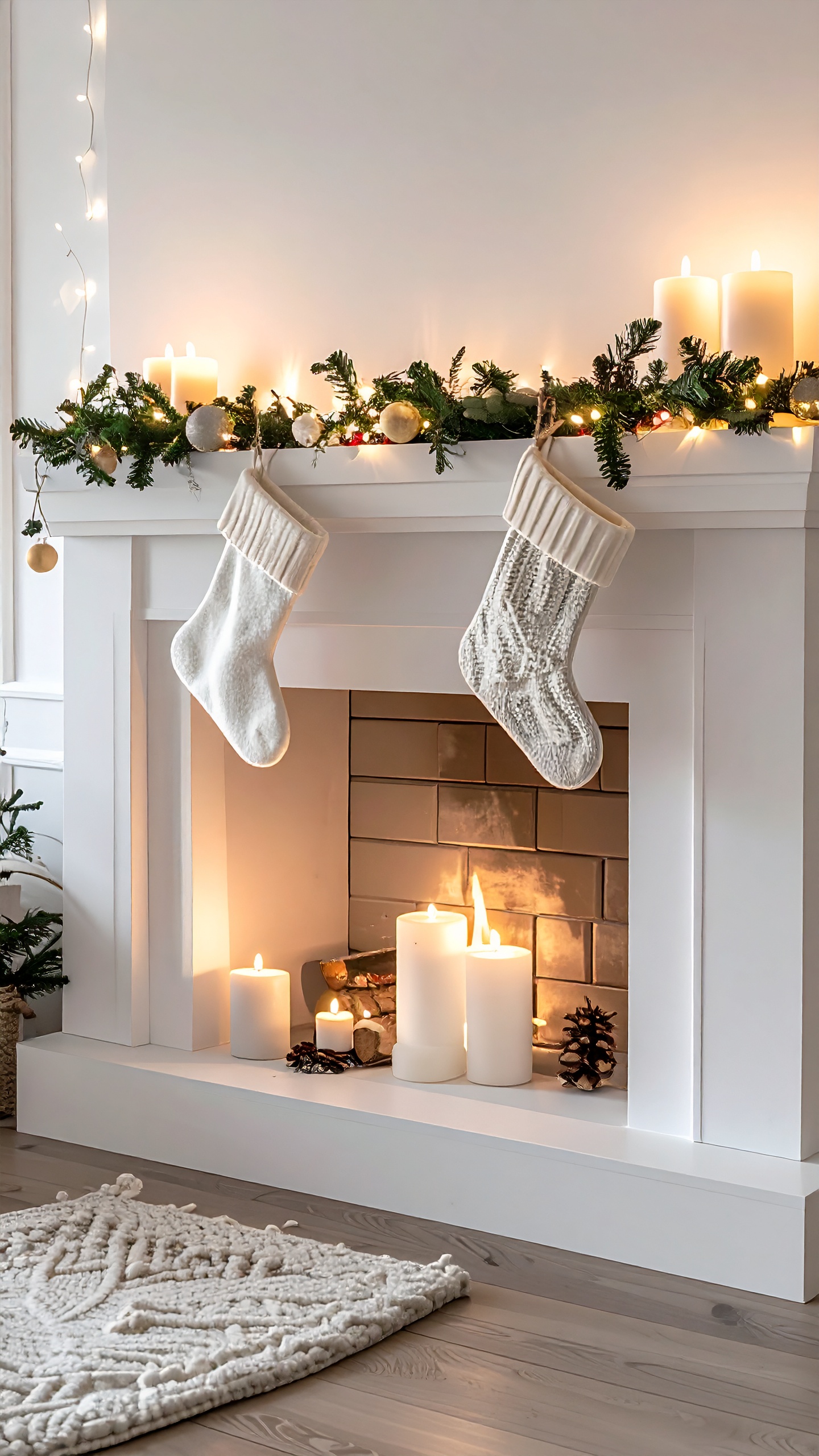 Lareira decorada para o Natal com meias de tricô penduradas, velas acesas e guirlandas de pinho, criando uma atmosfera acolhedora e festiva em um ambiente moderno e minimalista.