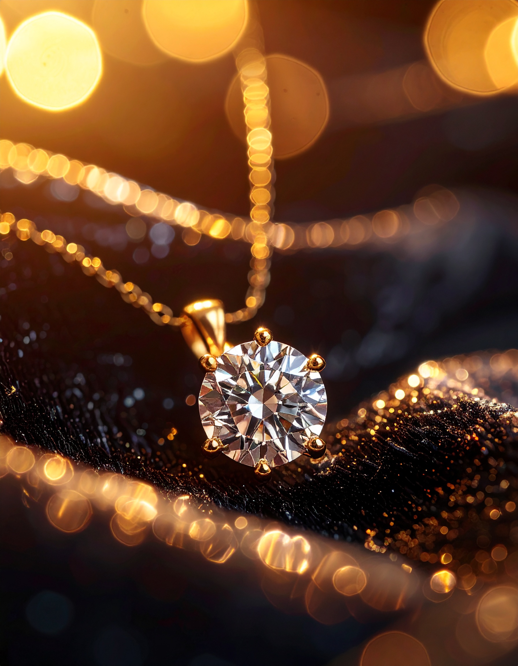 Colar de ouro com pingente de diamante em close-up, com fundo preto e bokeh dourado. A iluminação dramática realça o brilho do diamante, criando uma atmosfera de luxo e sofisticação. Composição centrada e foco preciso destacam os detalhes da joia.