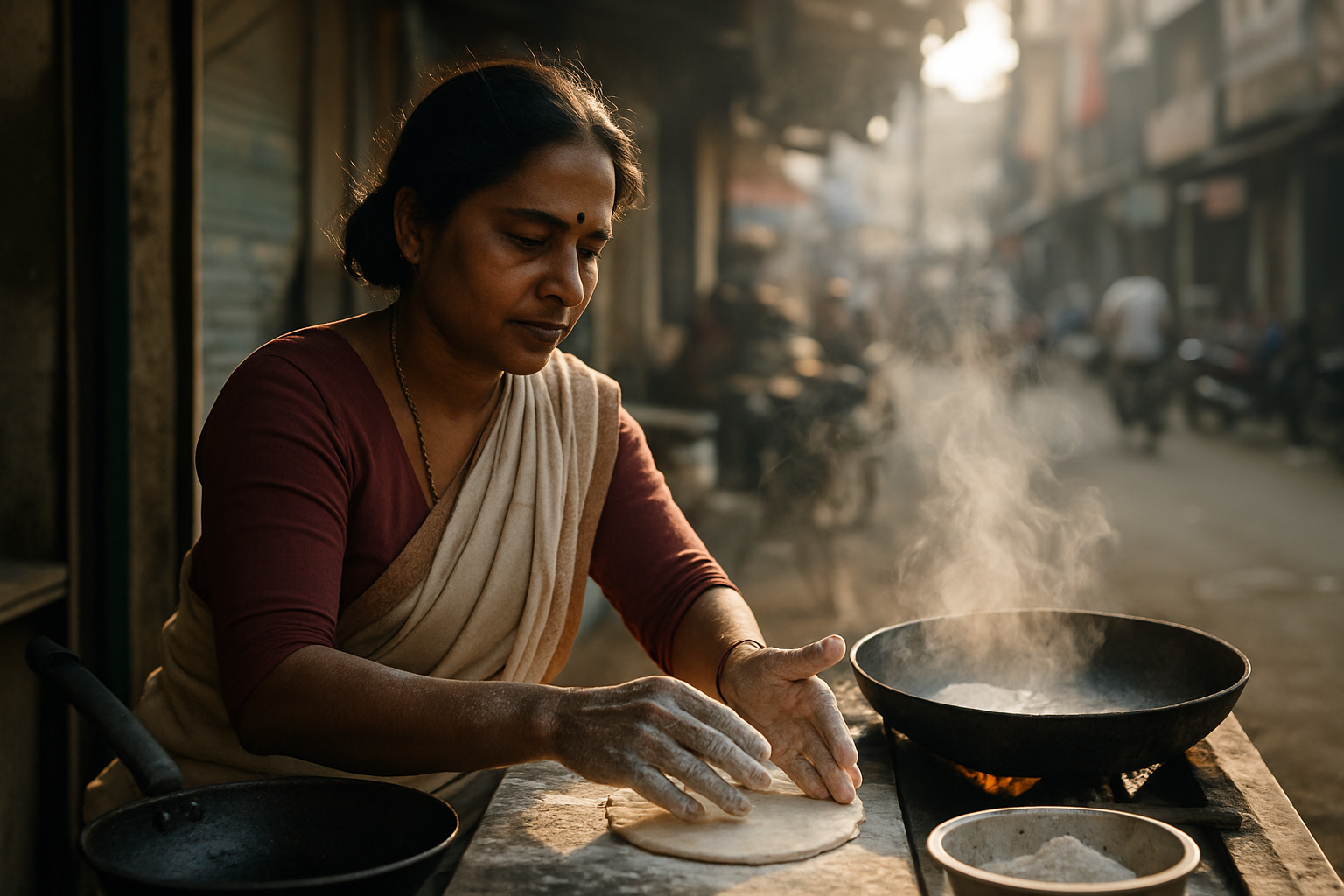 A woman prepares traditional flatbread in a bustling street setting