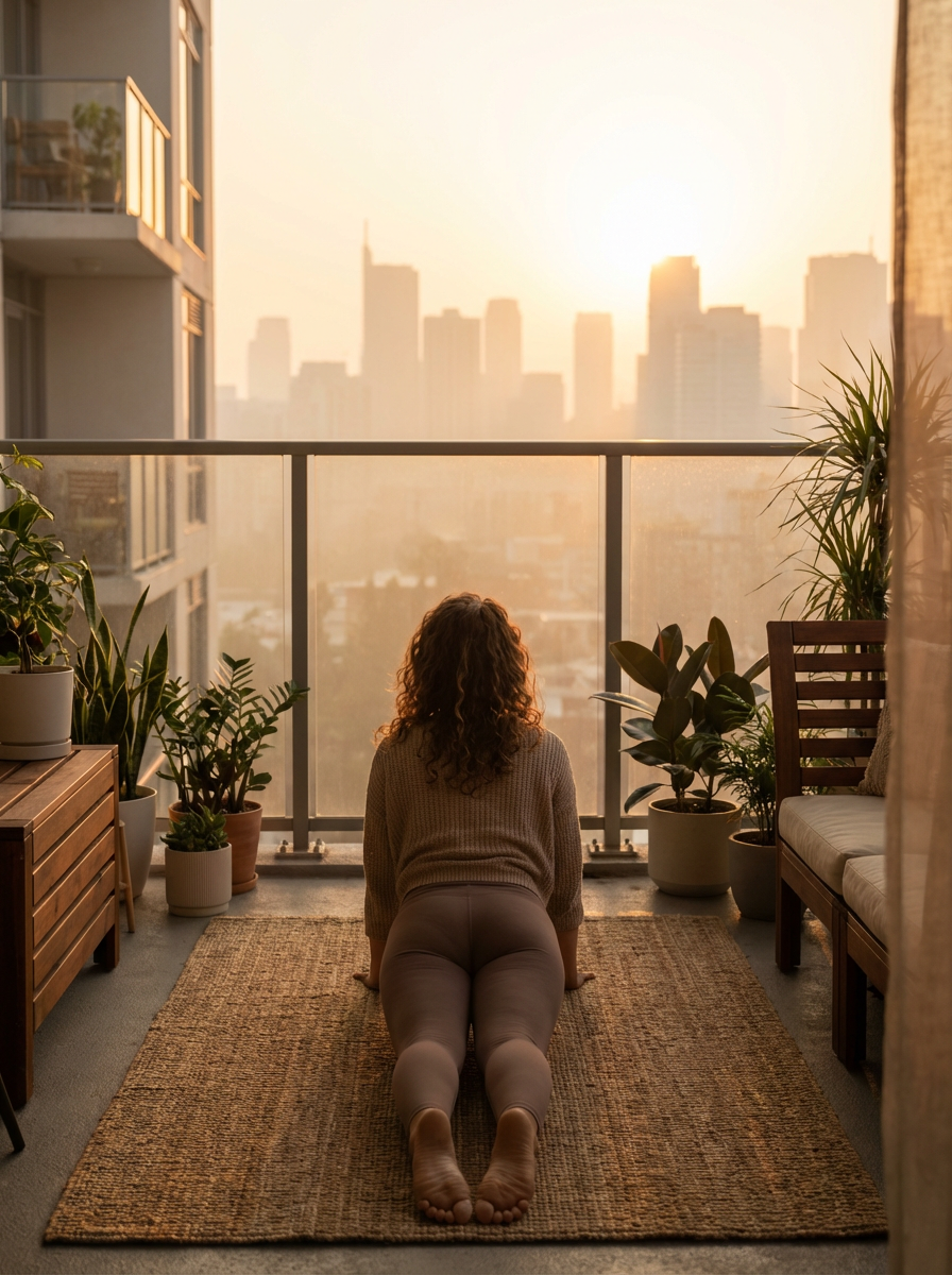 A woman practices yoga on a balcony with a city skyline view at sunrise