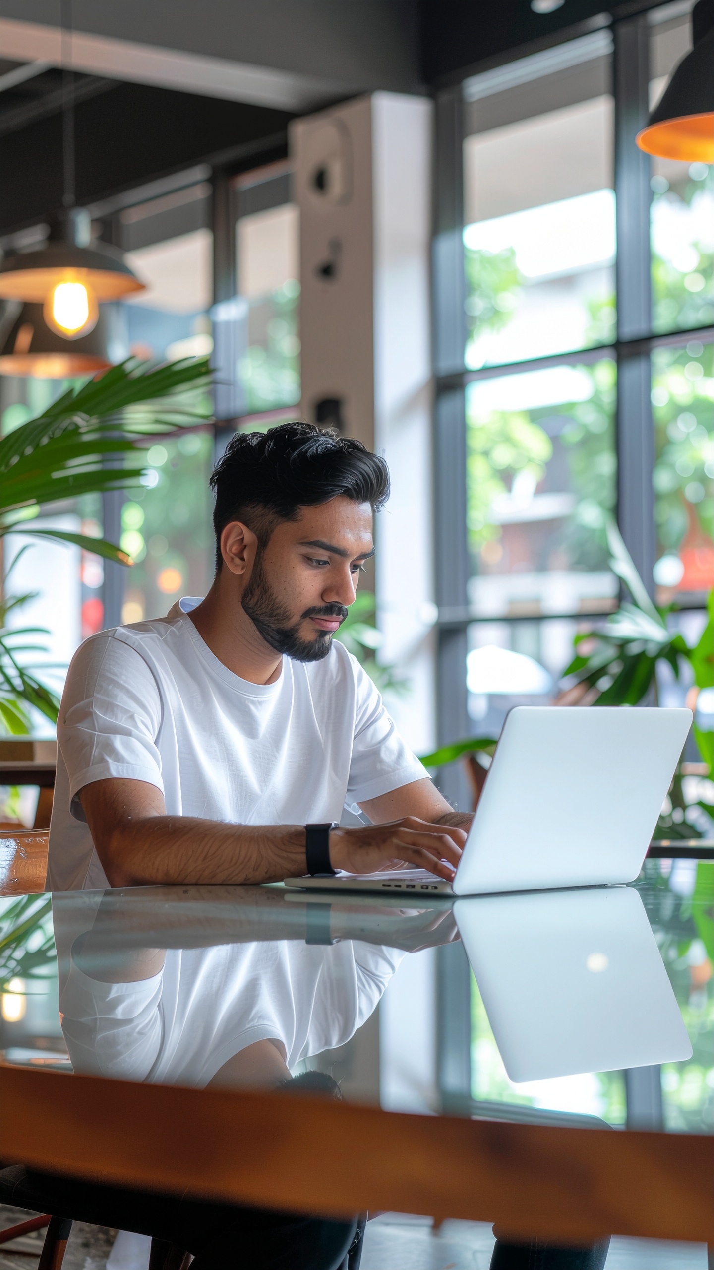 Man in White T-Shirt Working Focused on Modern Laptop