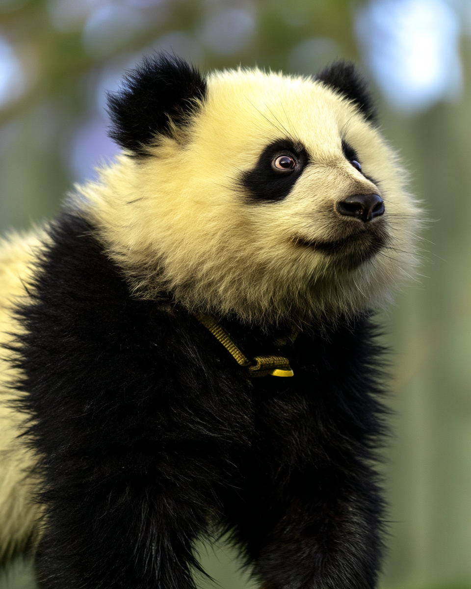 Um panda jovem com pelagem preto e branco exibe uma expressão curiosa em um ambiente natural. A iluminação suave destaca o contraste das cores enquanto o fundo desfocado sugere uma profundidade de campo rasa. O foco está nitidamente no rosto do animal, capturando detalhes de sua expressão e textura do pelo.