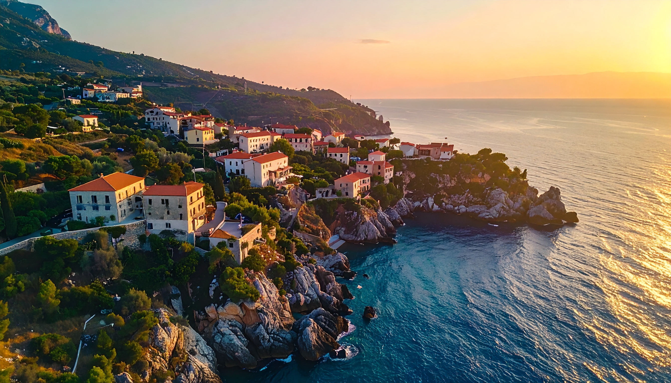 Aerial View of a Picturesque Coastal Village at Sunset in Greece
