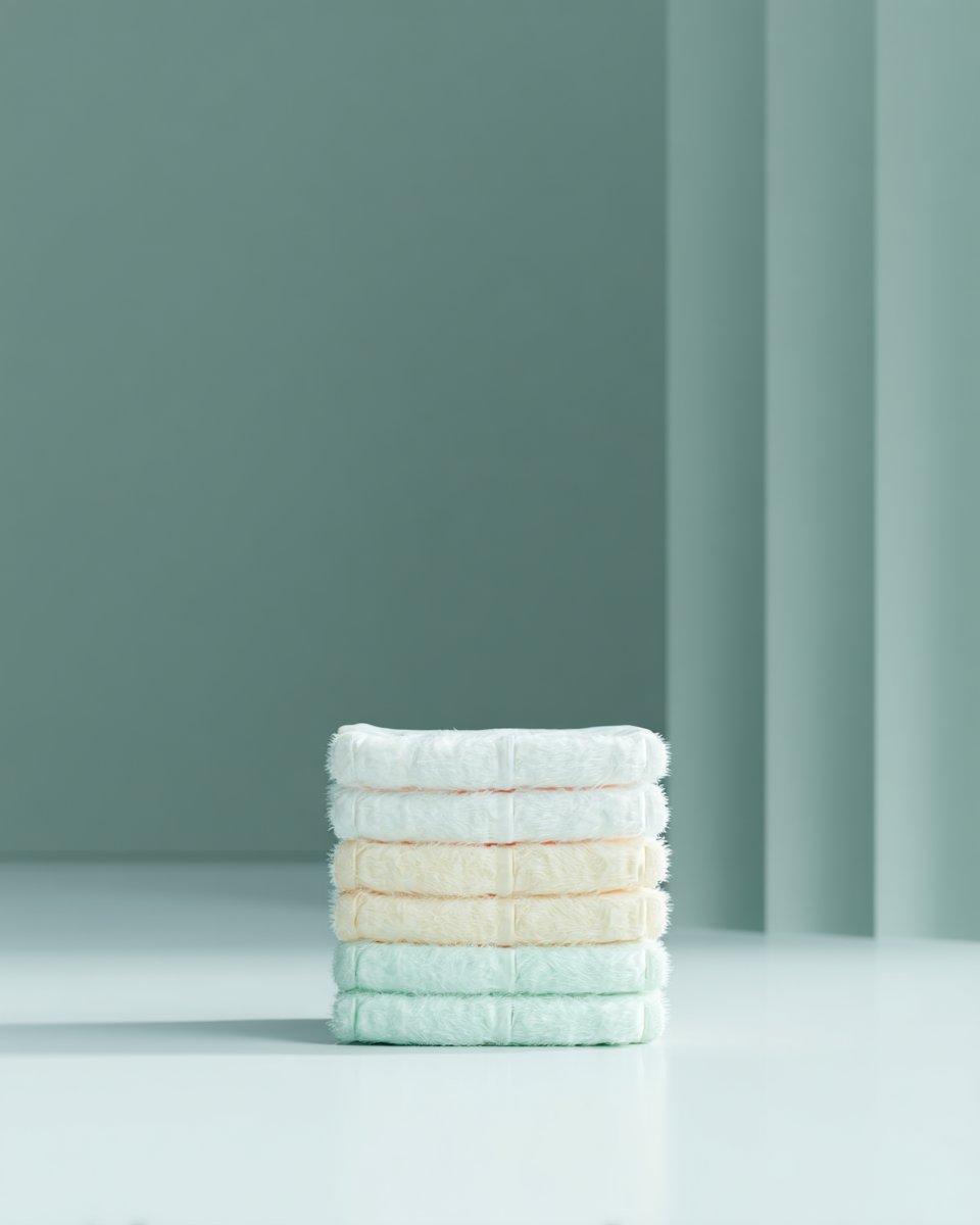 Pilha de toalhas de banho macias em cores suaves, dispostas sobre uma superfície lisa e minimalista, com fundo em tons de verde. Ideal para decoração de banheiro e produtos de higiene.