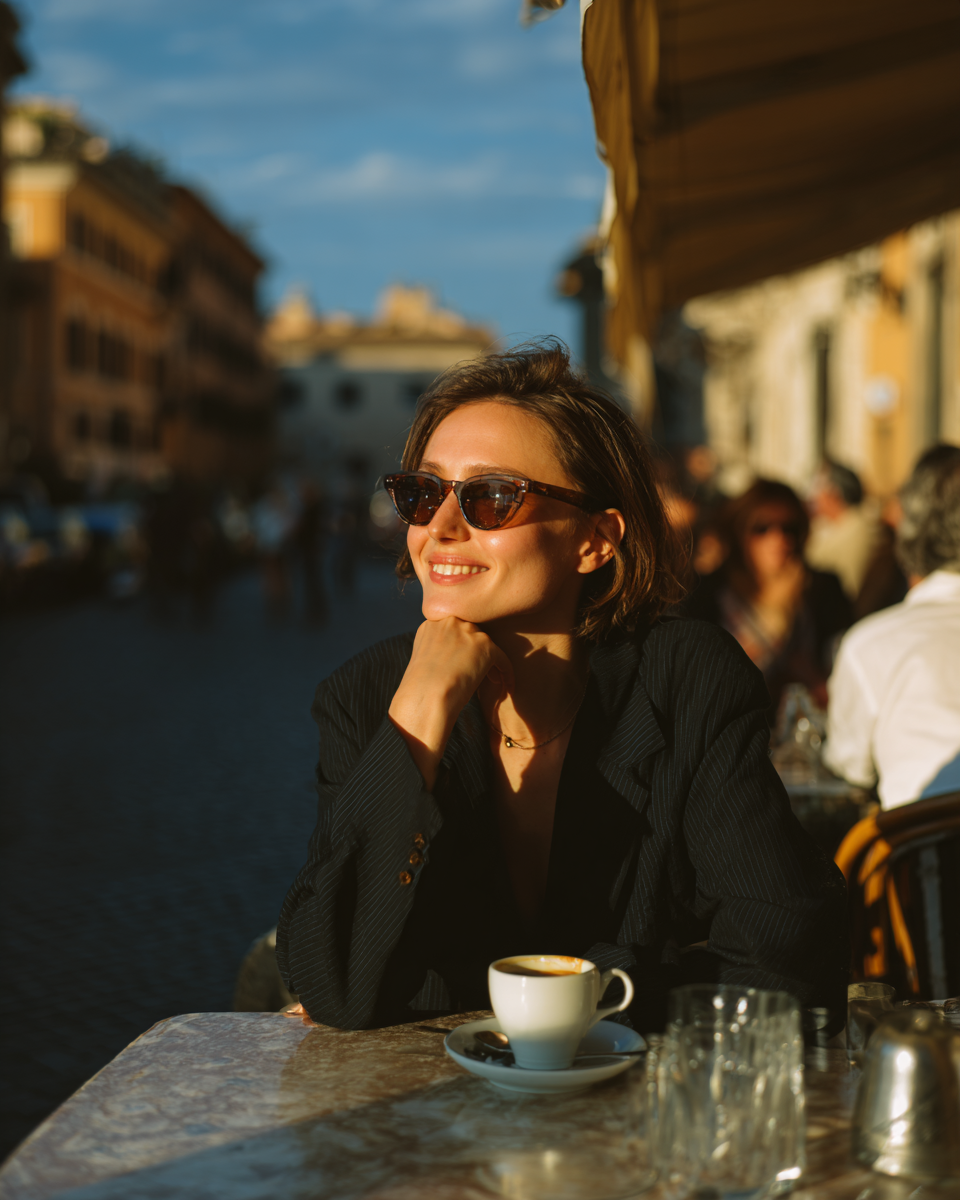 A imagem retrata uma mulher sentada em uma mesa ao ar livre, desfrutando de uma xícara de café. Ela usa óculos de sol e está vestida com um blazer escuro. O fundo mostra ruas de uma cidade, iluminadas pela luz do sol, com um céu azul e algumas nuvens. A mesa é coberta por uma toalha clara e há copos e utensílios visíveis na superfície. A cena transmite uma atmosfera relaxante e alegre, típica de um café ao ar livre.