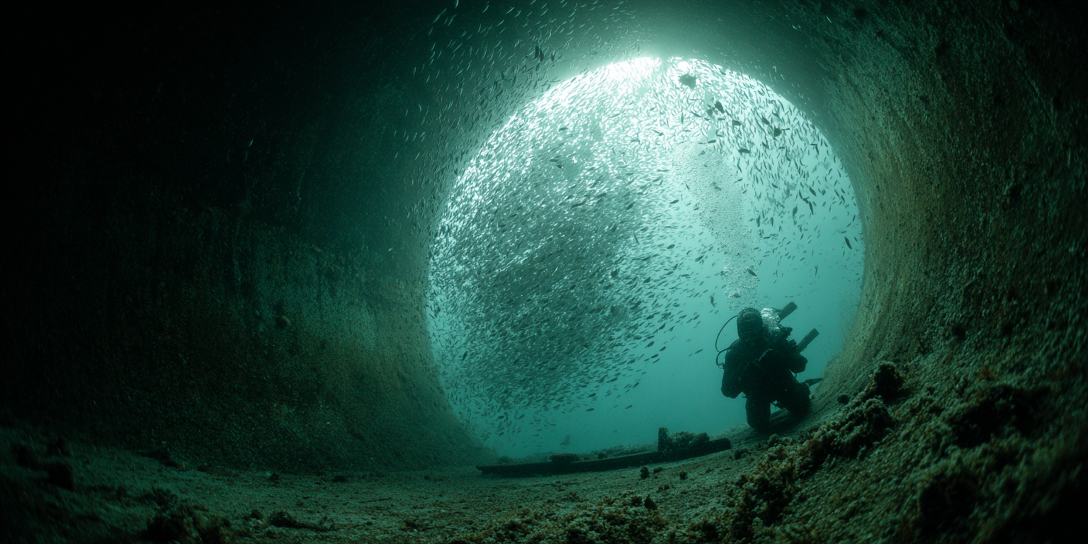 A imagem apresenta um ambiente subaquático, onde um mergulhador está posicionado dentro de um tubo. As cores dominantes são tons de azul e verde, com uma iluminação suave que destaca a superfície do tubo. O fundo é cheio de pequenos peixes que flutuam na água, criando uma sensação de movimento. A composição é marcada pela forma circular do tubo, que direciona o olhar para o mergulhador e os peixes. A textura do interior do tubo parece áspera e desgastada, contrastando com a fluidez da água ao redor.