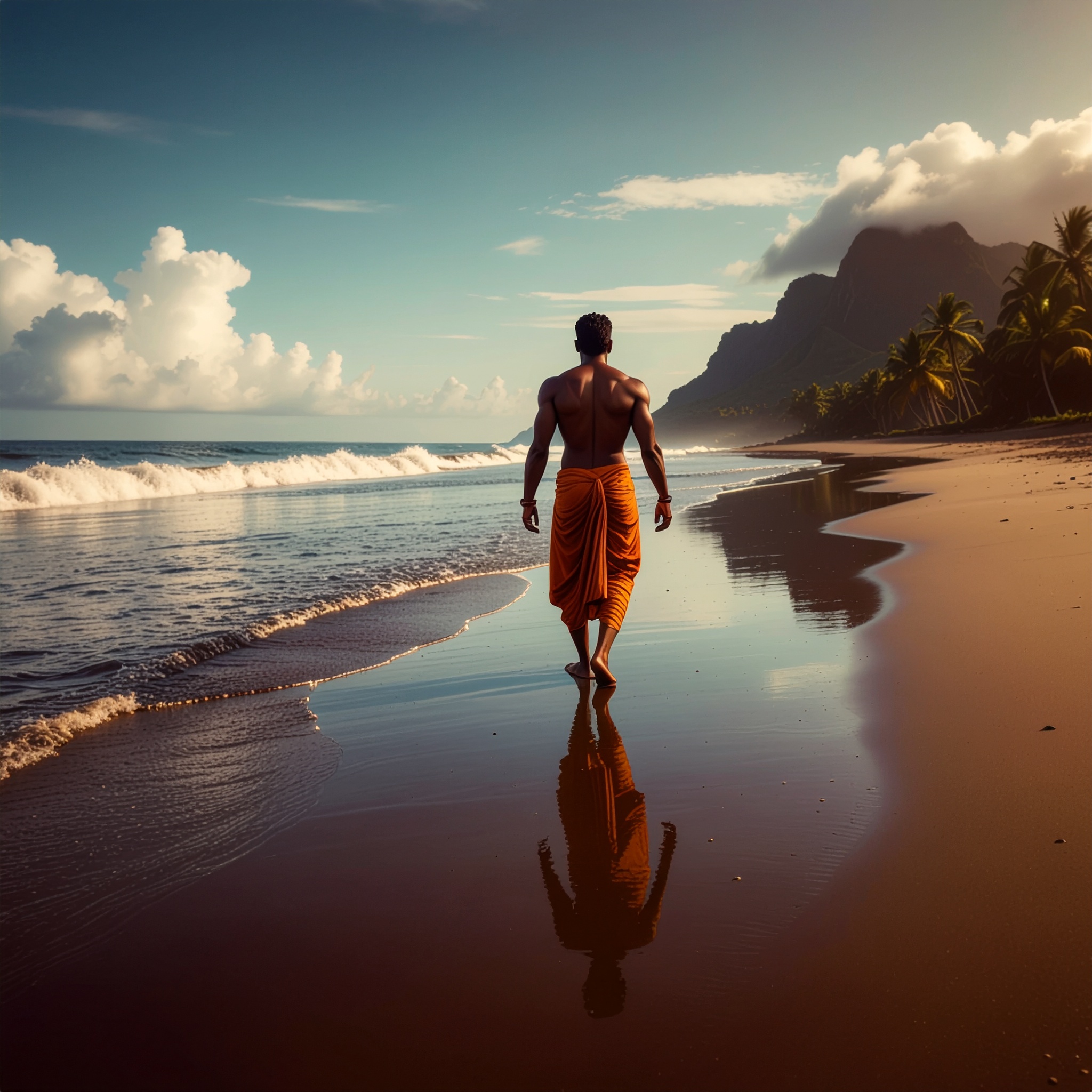 Homem caminhando solitário em uma praia tropical ao entardecer, envolto em um sarongue laranja, refletindo serenidade e conexão com a natureza, com montanhas ao fundo.